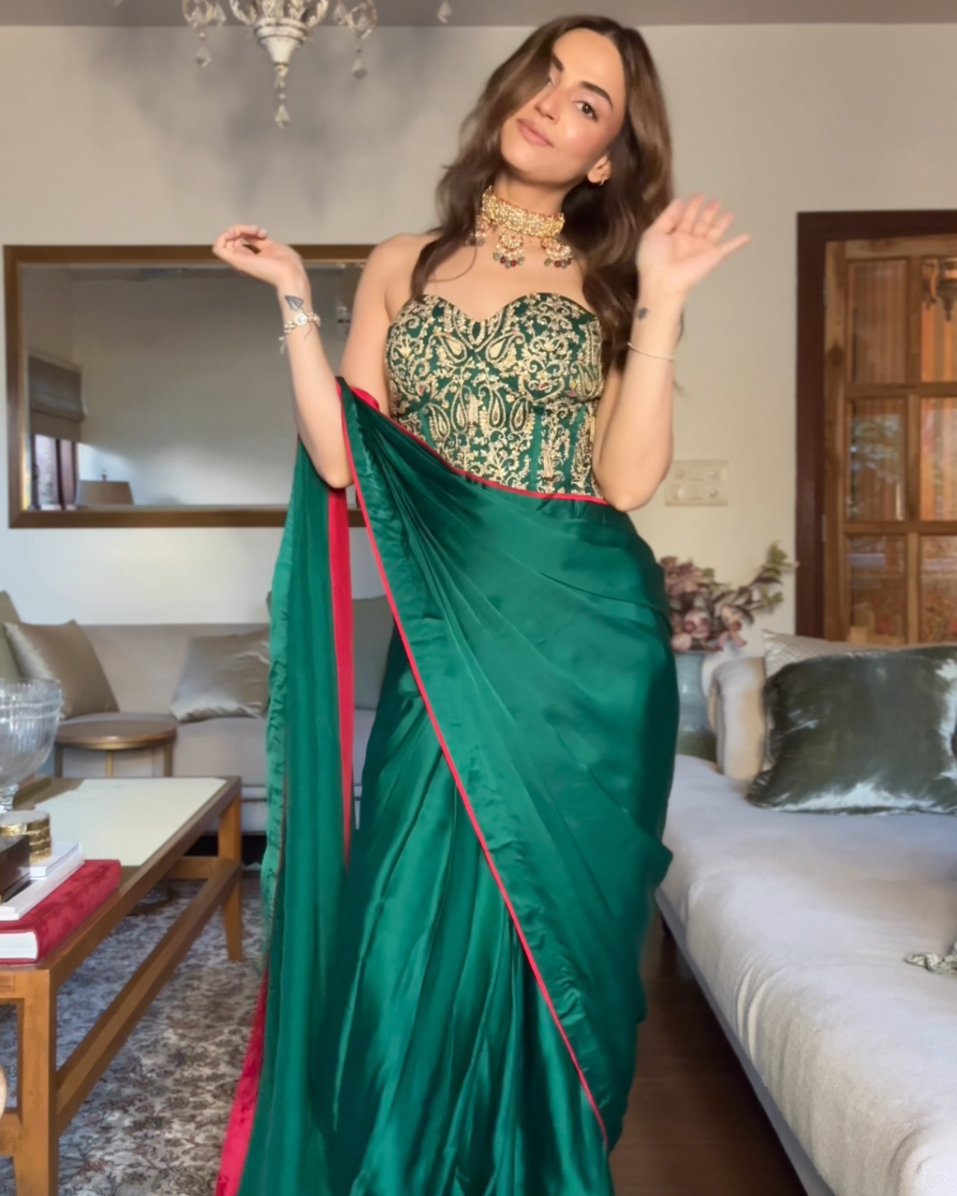 Mehak Bakshi in EMERALD GREEN HEAVY CORSET DRAPED SAREE SET