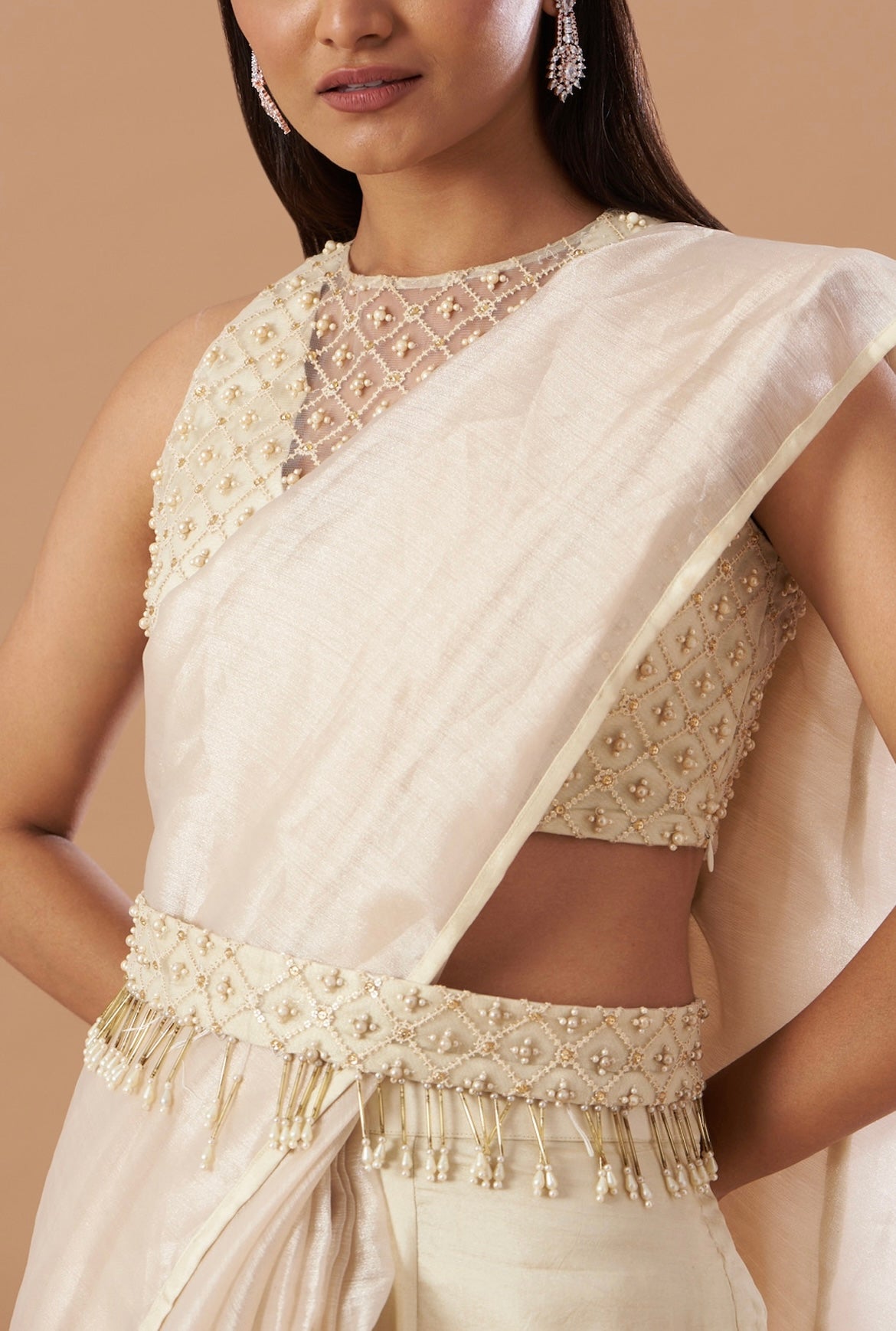 karina bedi in Champagne pre-Draped saree set with belt