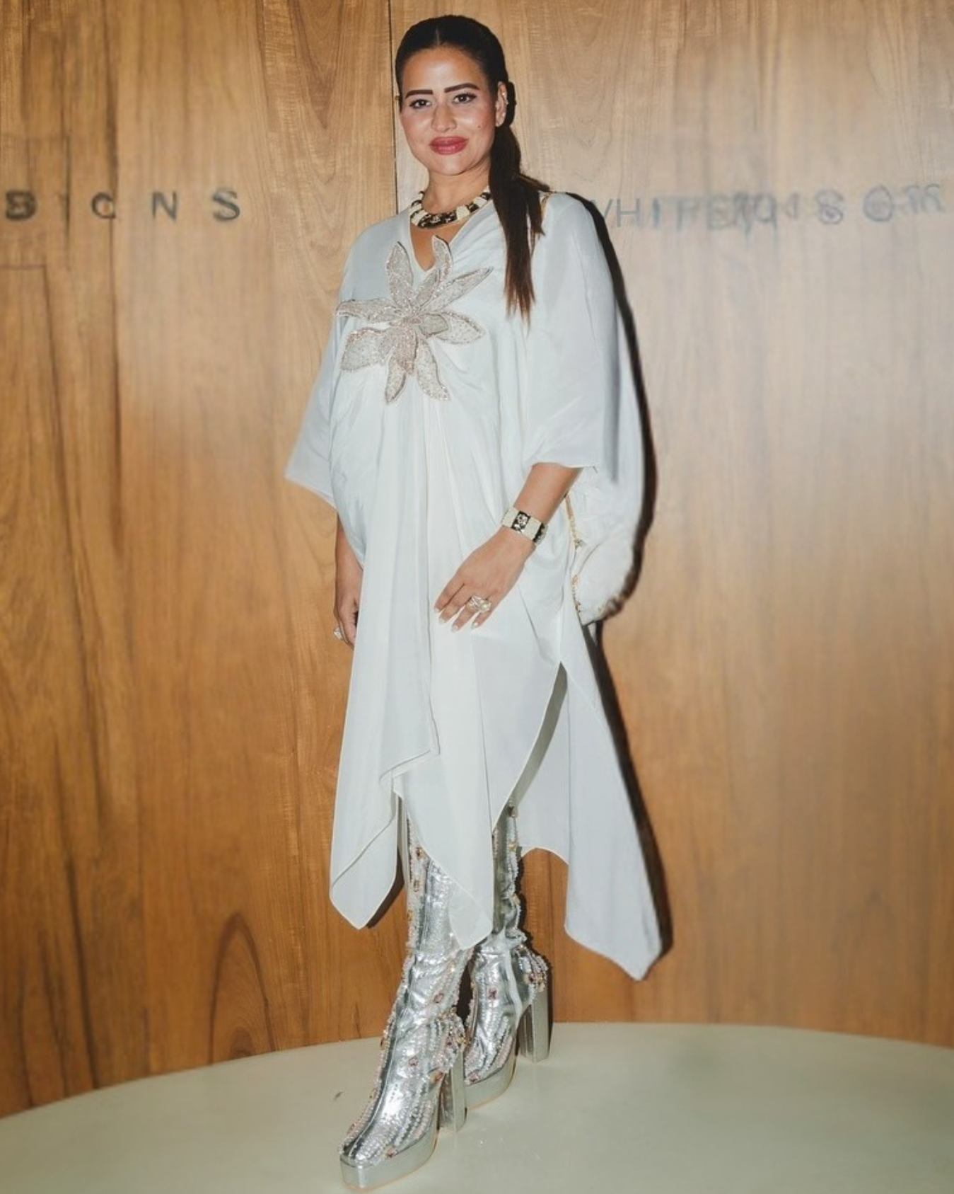 Sudha Reddy in 3D ivory floral kaftaan