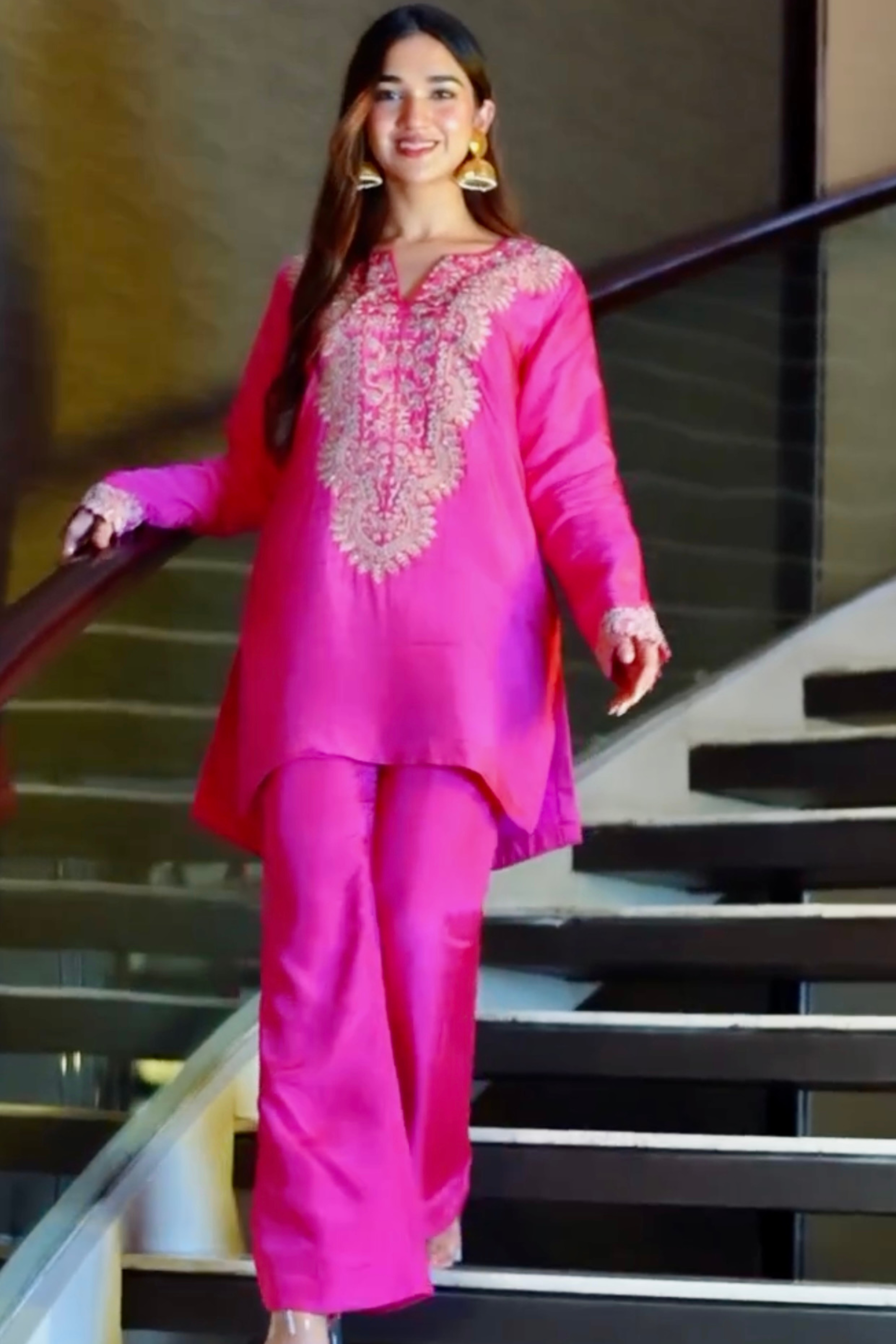 Fuchsia pink chnaderi silk cord set