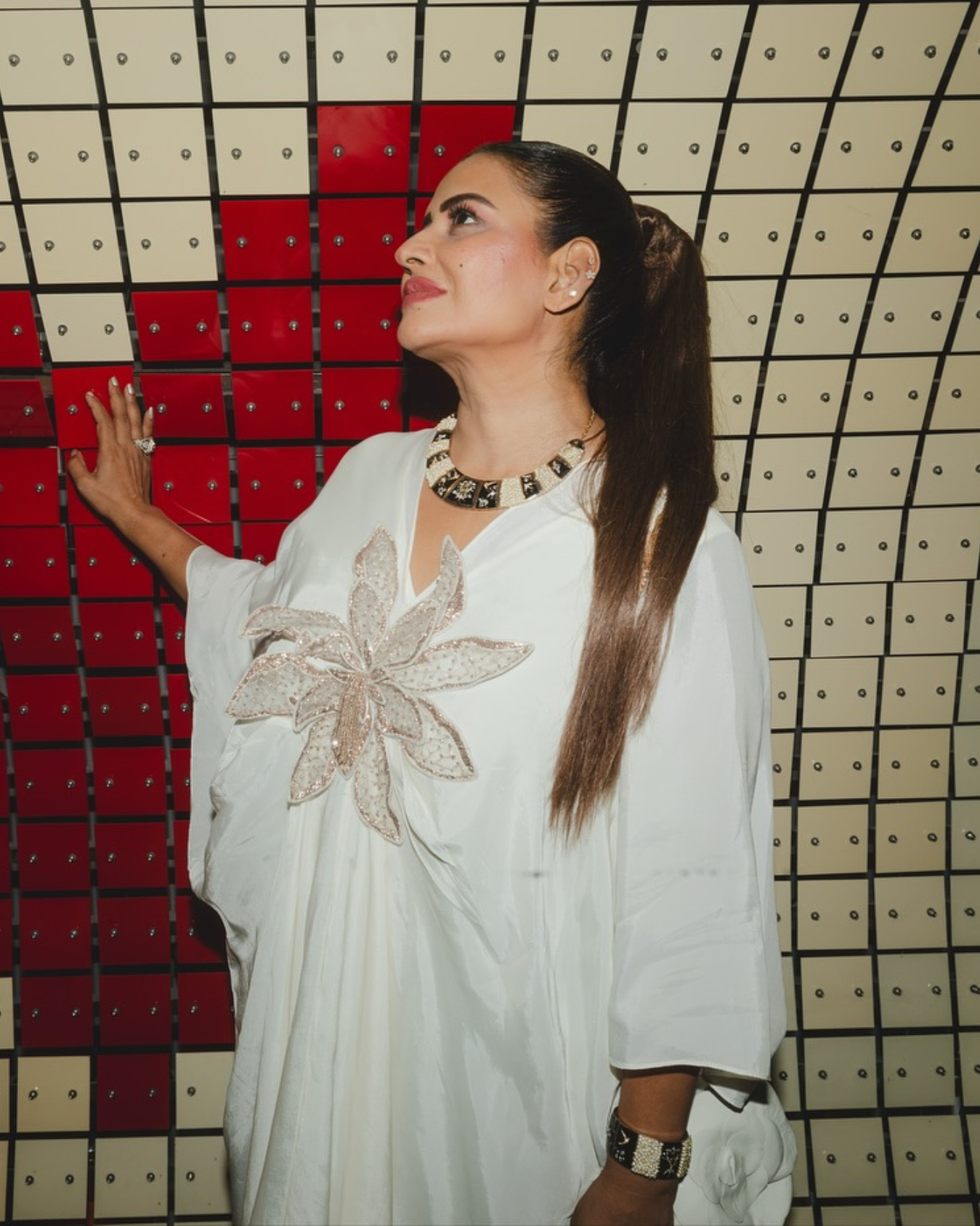 Sudha Reddy in 3D ivory floral kaftaan