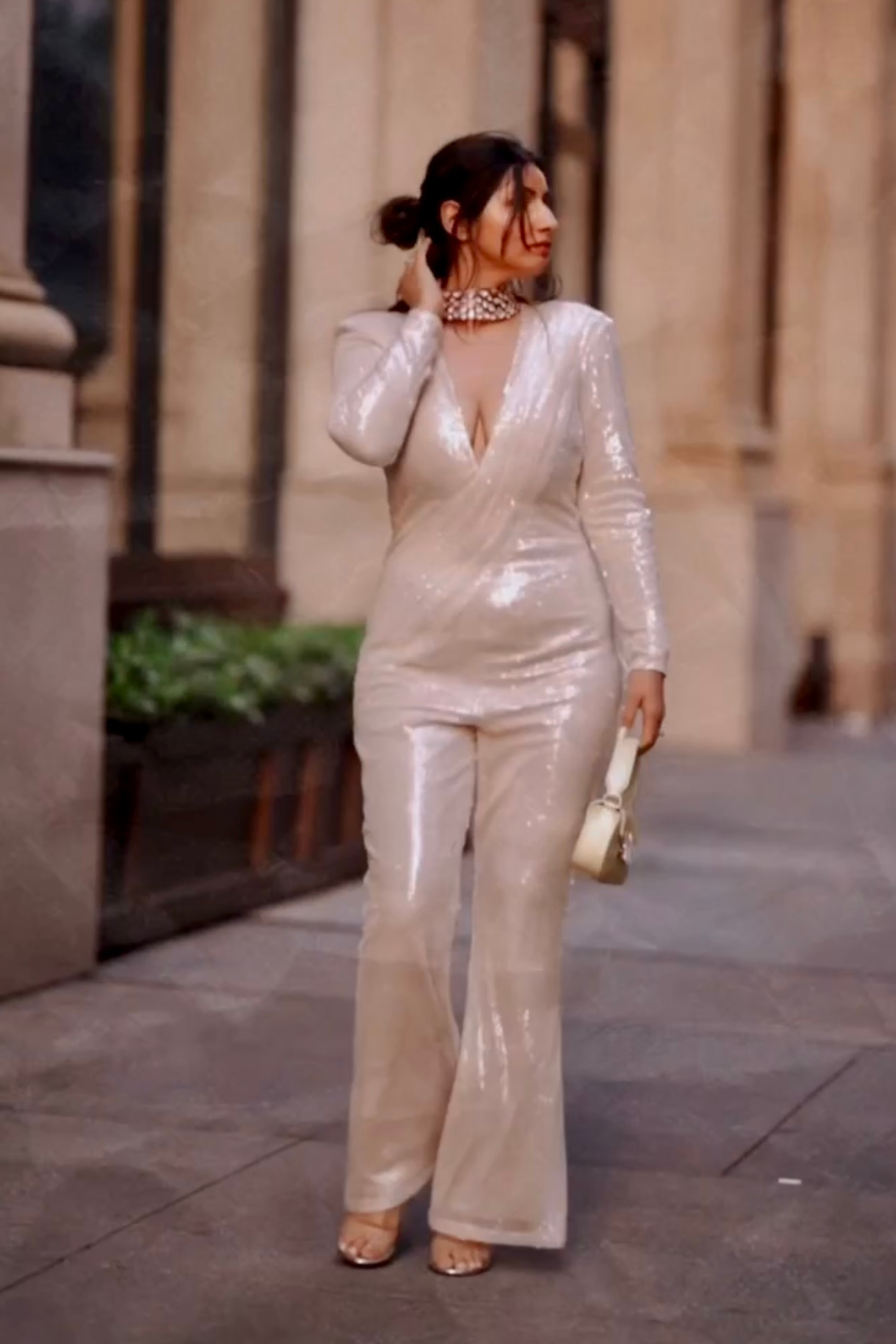 Champagne beige draped jumpsuit