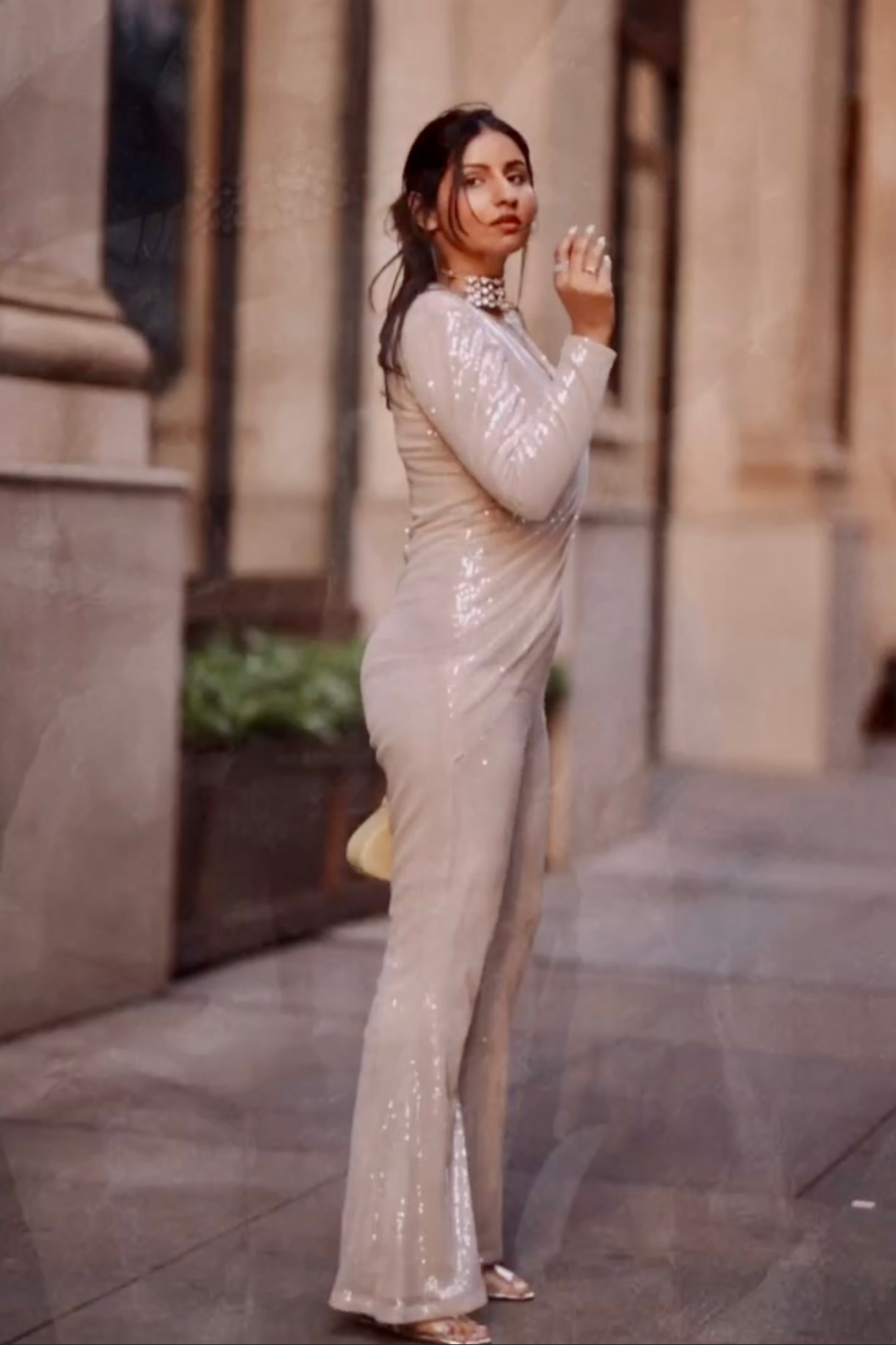 Champagne beige draped jumpsuit