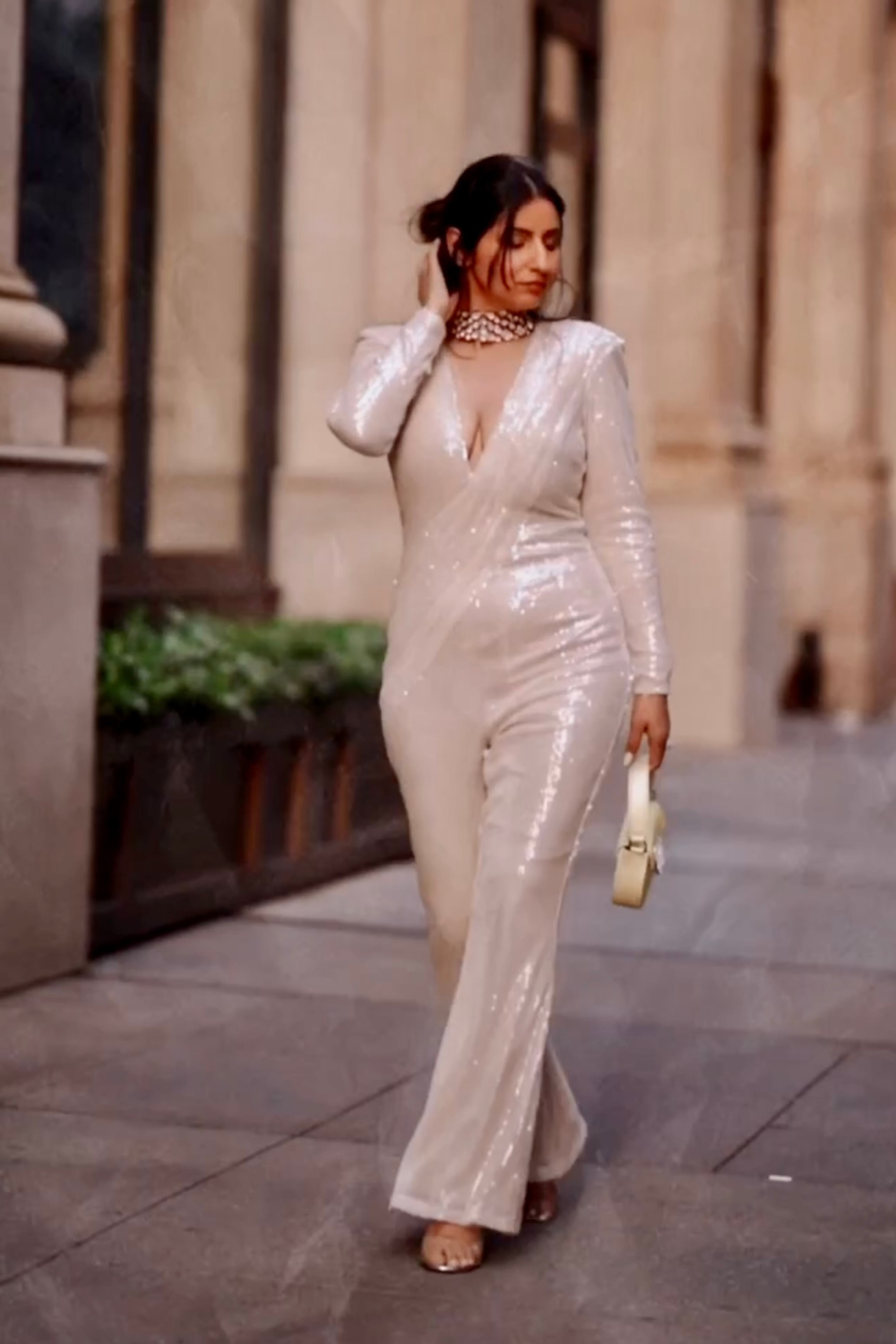 Champagne beige draped jumpsuit