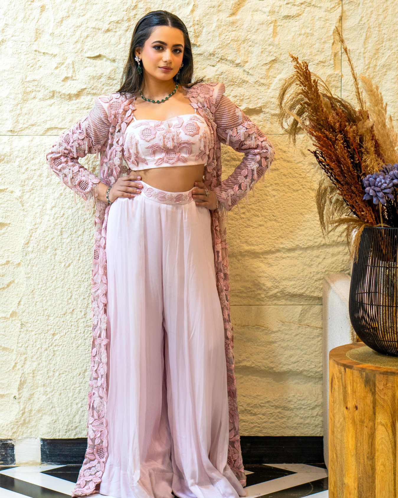 Our beautiful AB Muse in Rose pink floral long jacket set