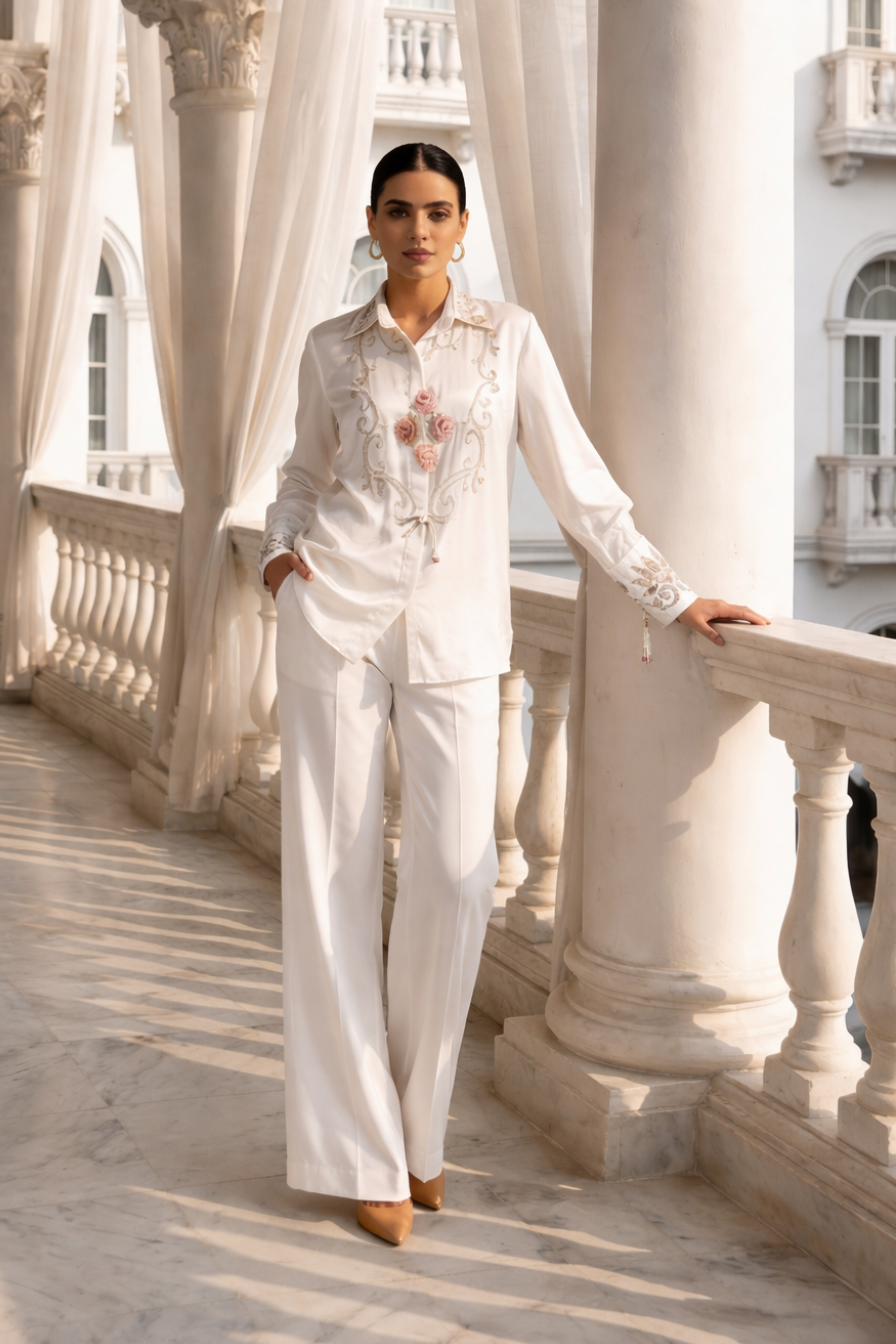 IVORY SILK EMBROIDERED SHIRT