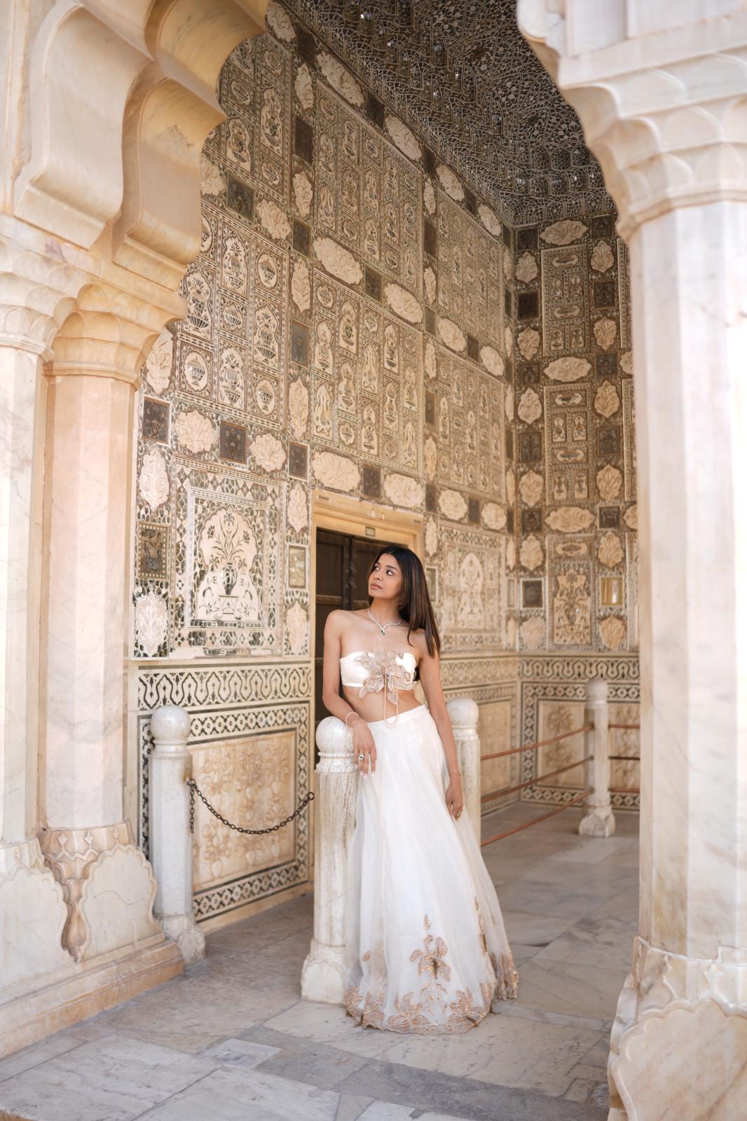 KHUSHI JAIN in Shell White Floral Motifs Lehenga