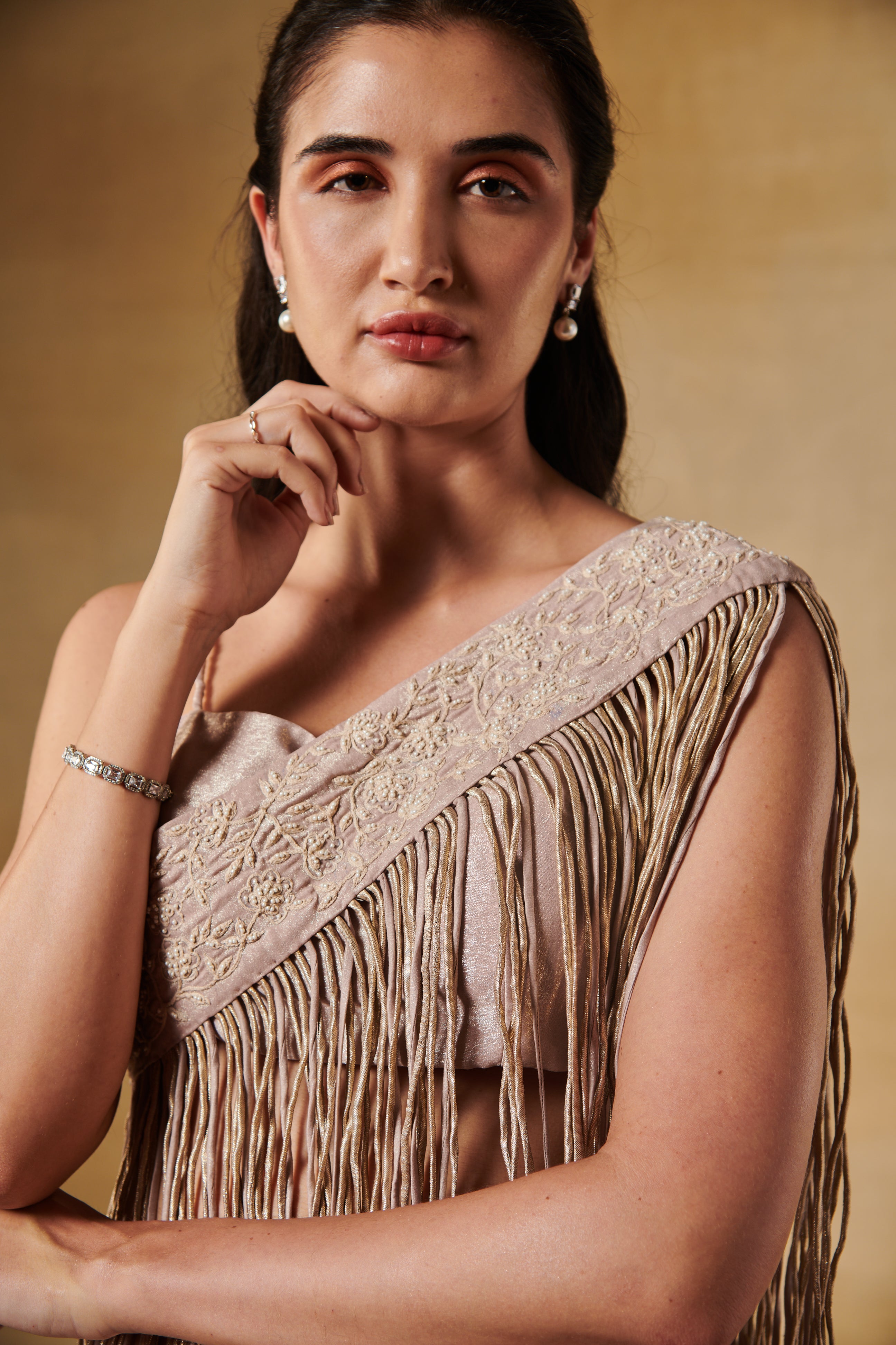 Blush foil texture drape skirt set with long tassel one shoulder cape