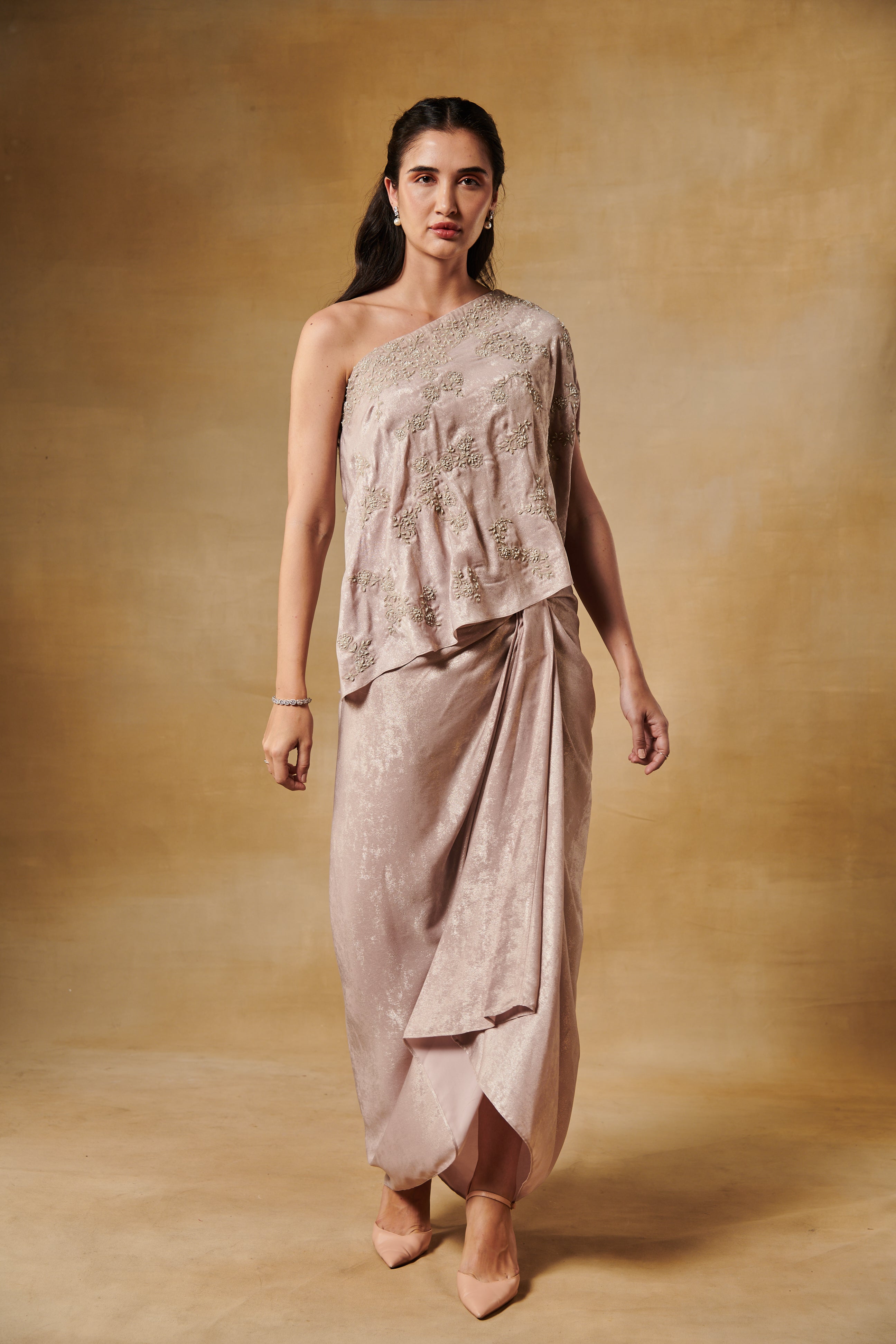 Blush drape skirt & bustier with one shoulder cape