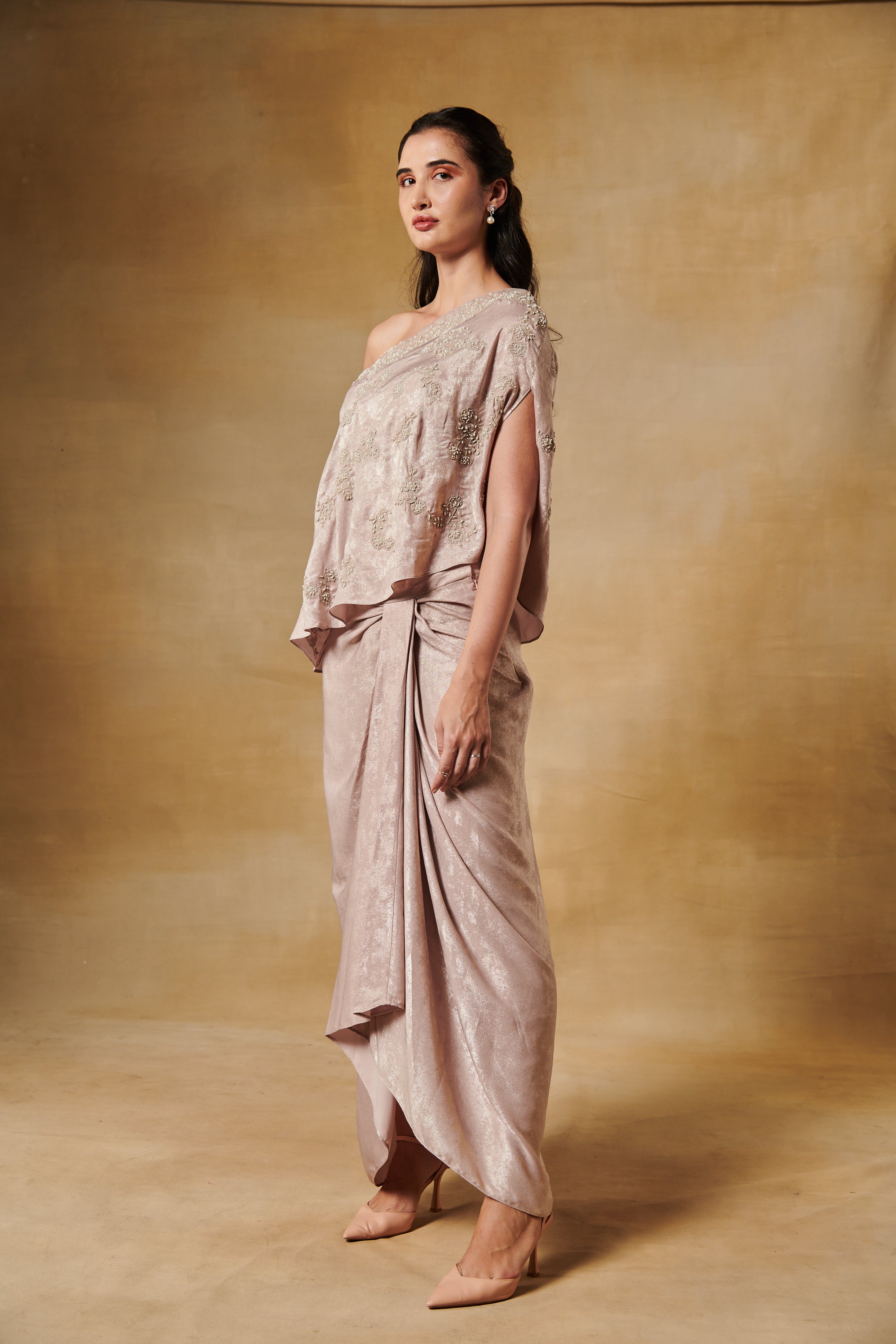 Blush drape skirt & bustier with one shoulder cape