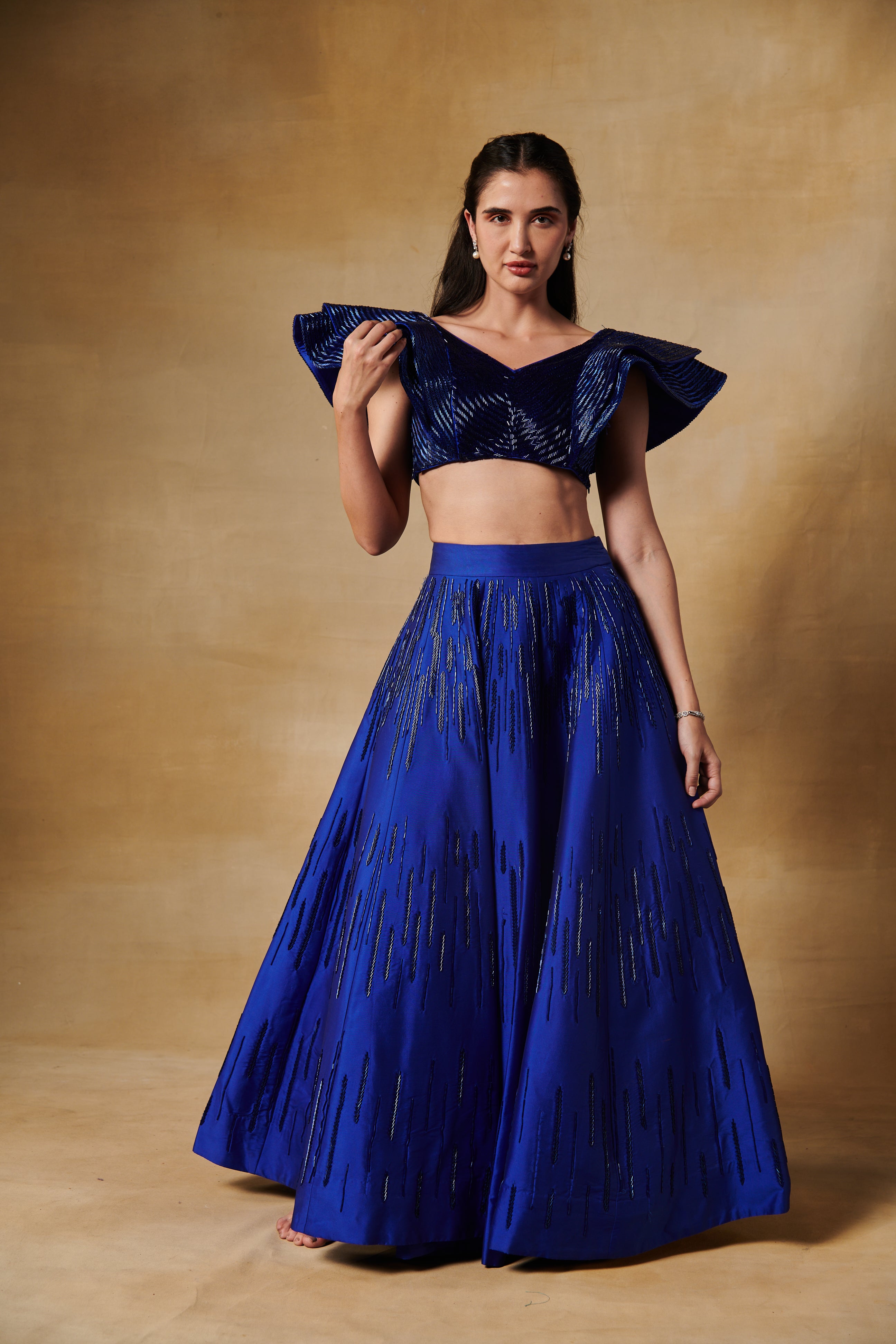 Ink blue lehenga set with metallic hand embroidery