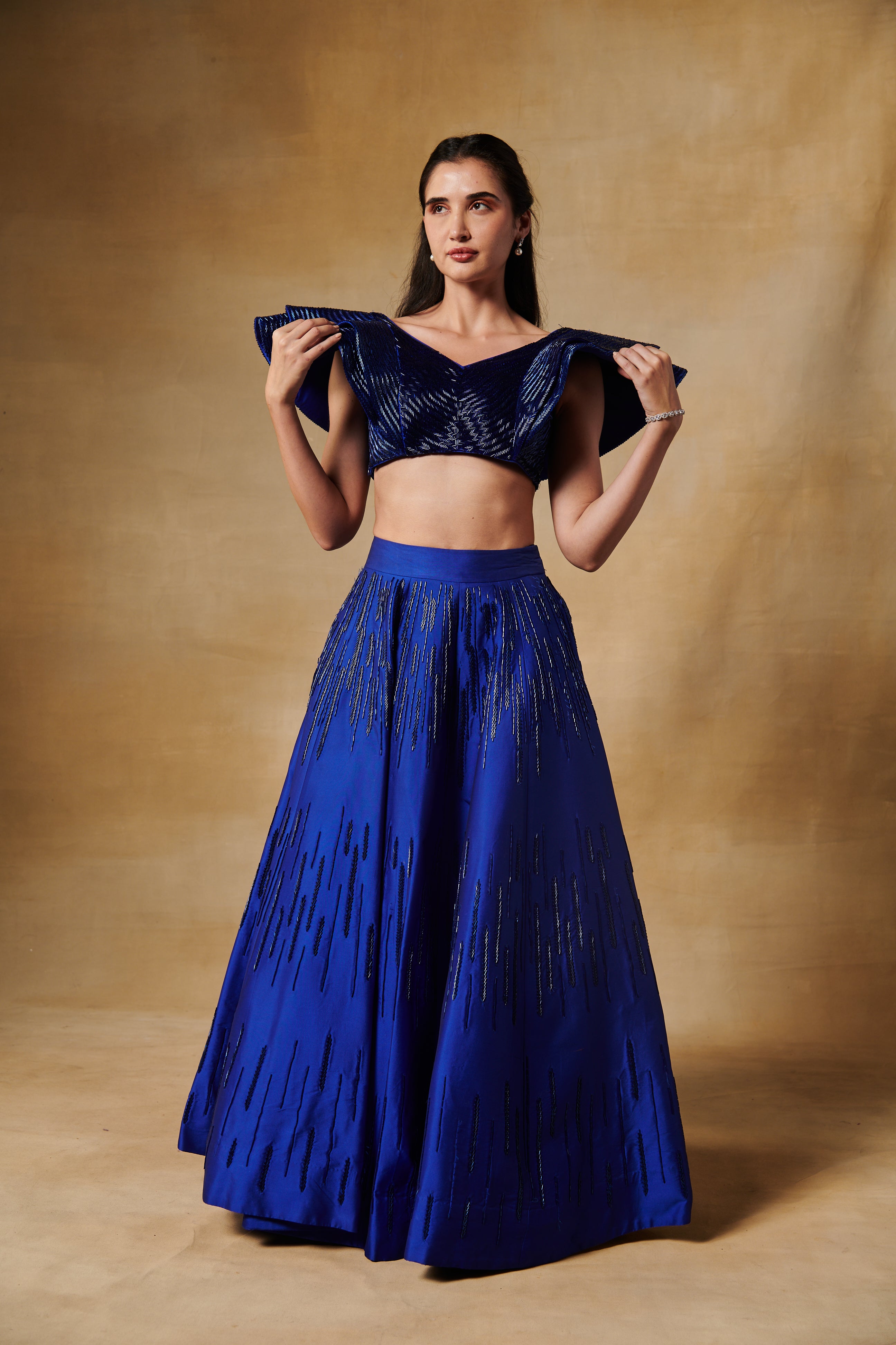 Ink blue lehenga set with metallic hand embroidery