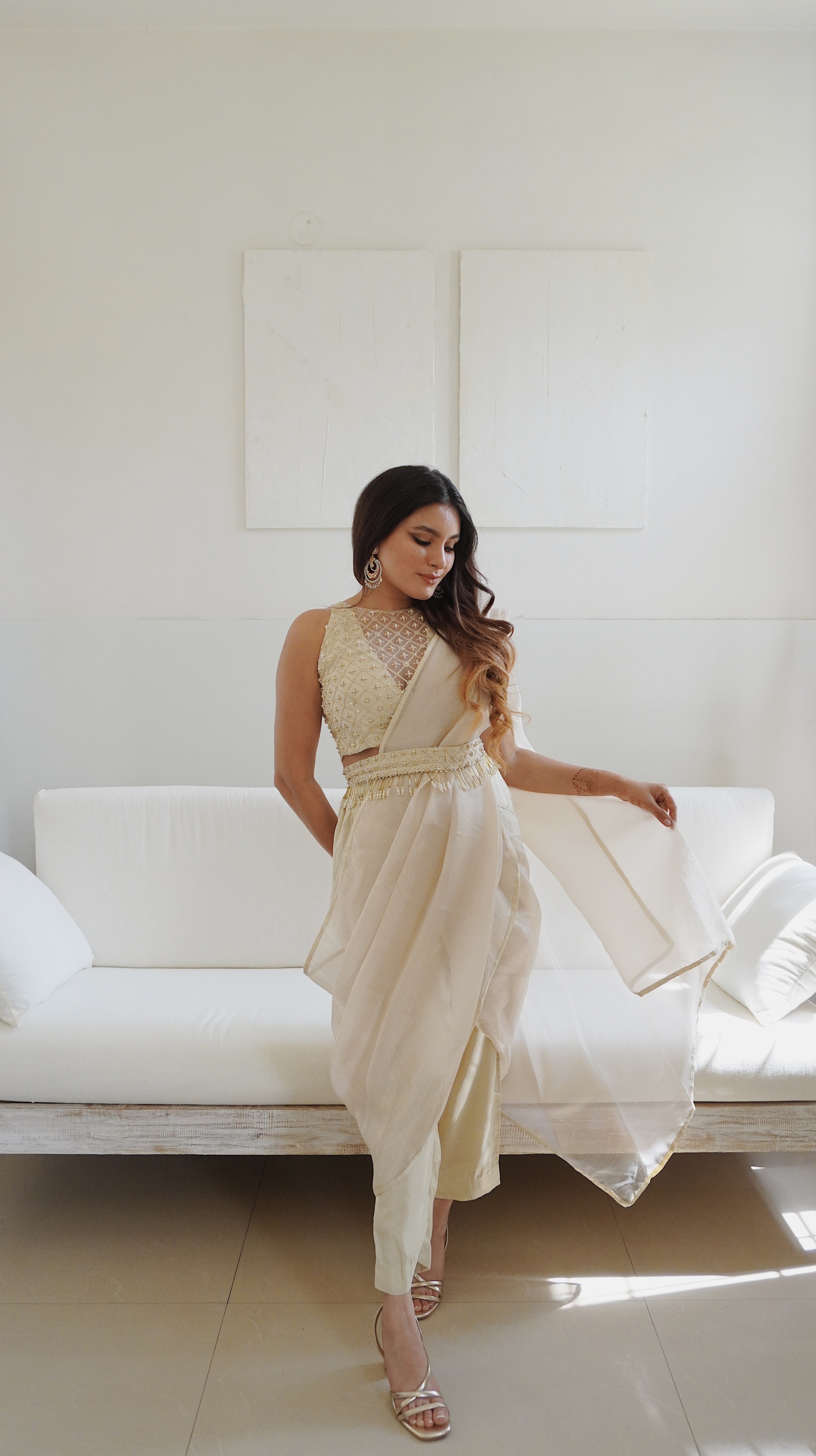 karina bedi in Champagne pre-Draped saree set with belt