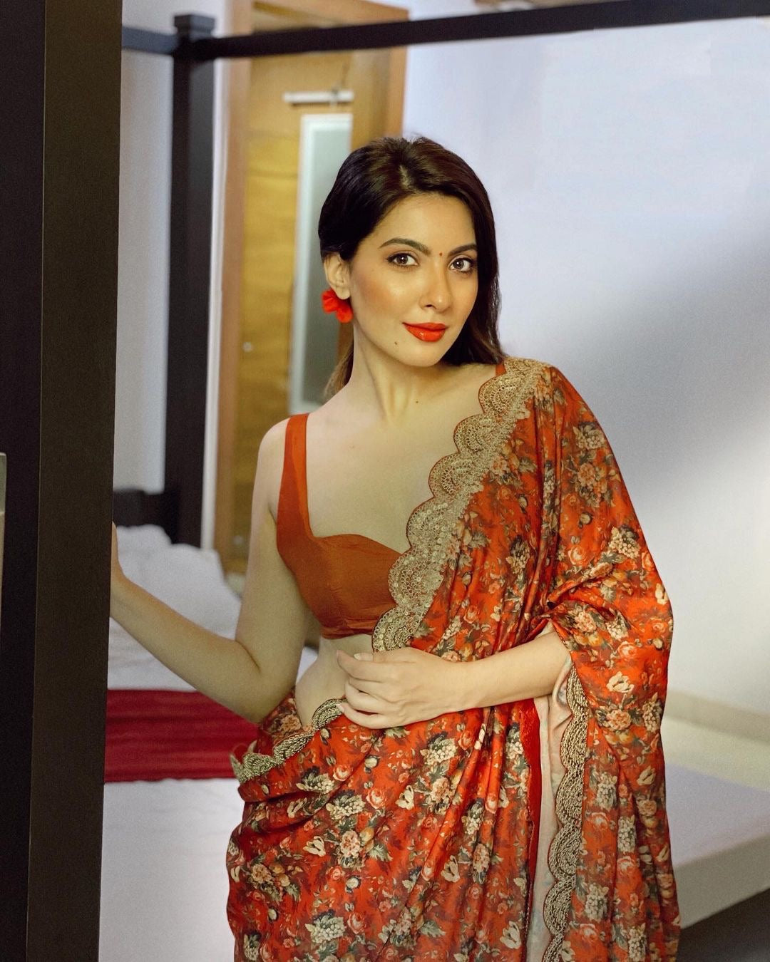 Nikki Mehra in Crimson Red Marori Work Print Saree