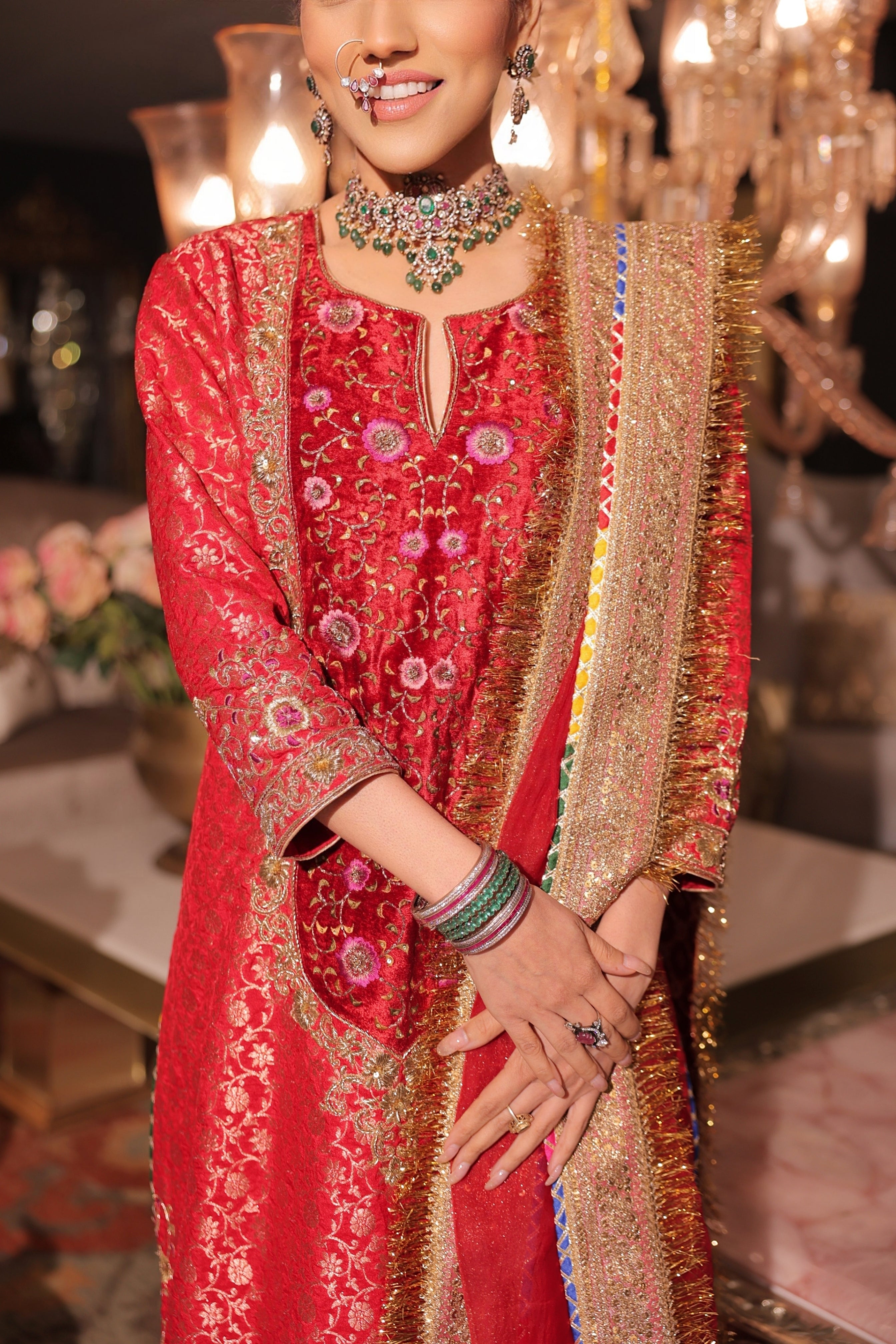 Red long suit set.
