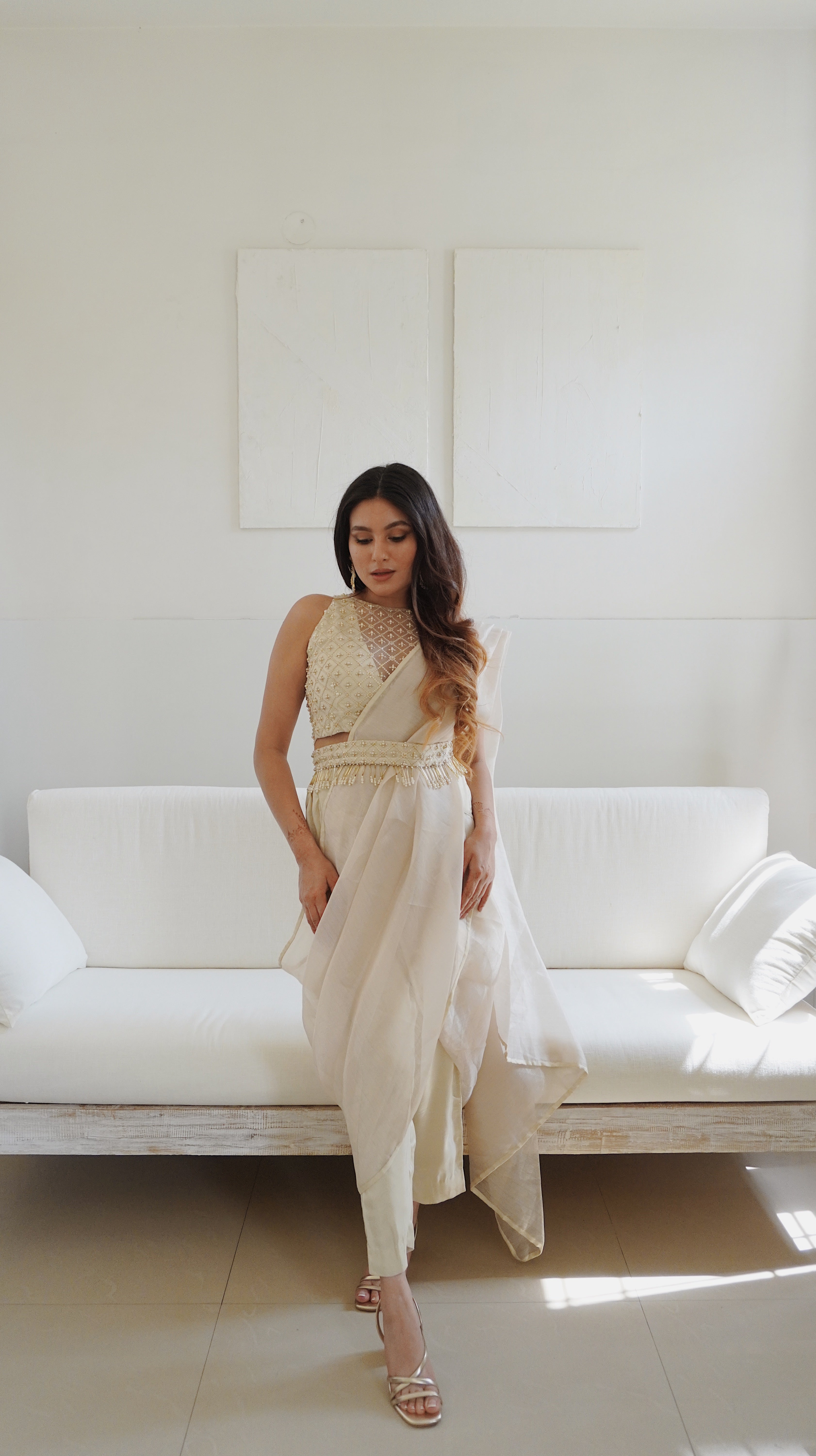 karina bedi in Champagne pre-Draped saree set with belt