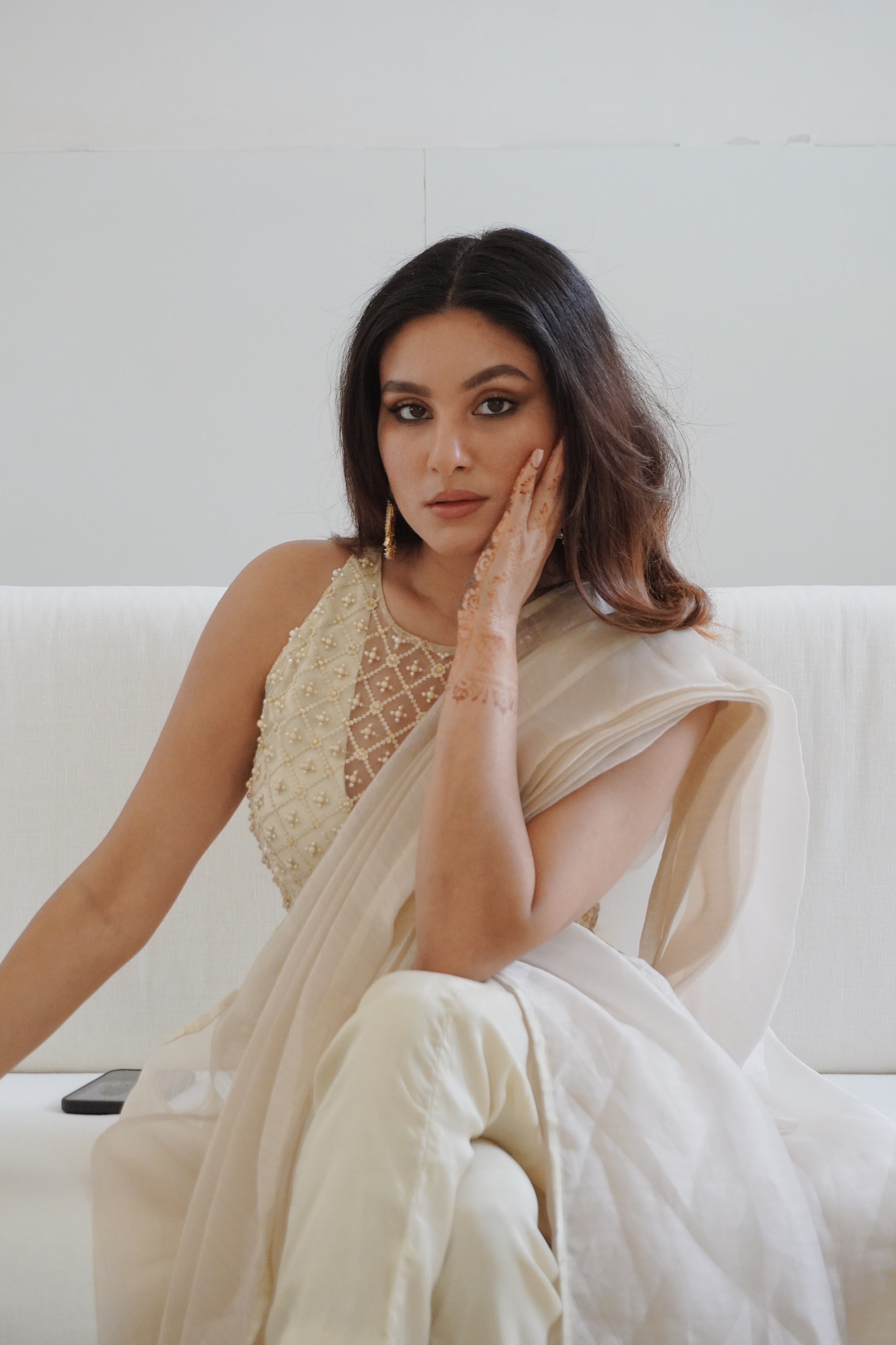 karina bedi in Champagne pre-Draped saree set with belt