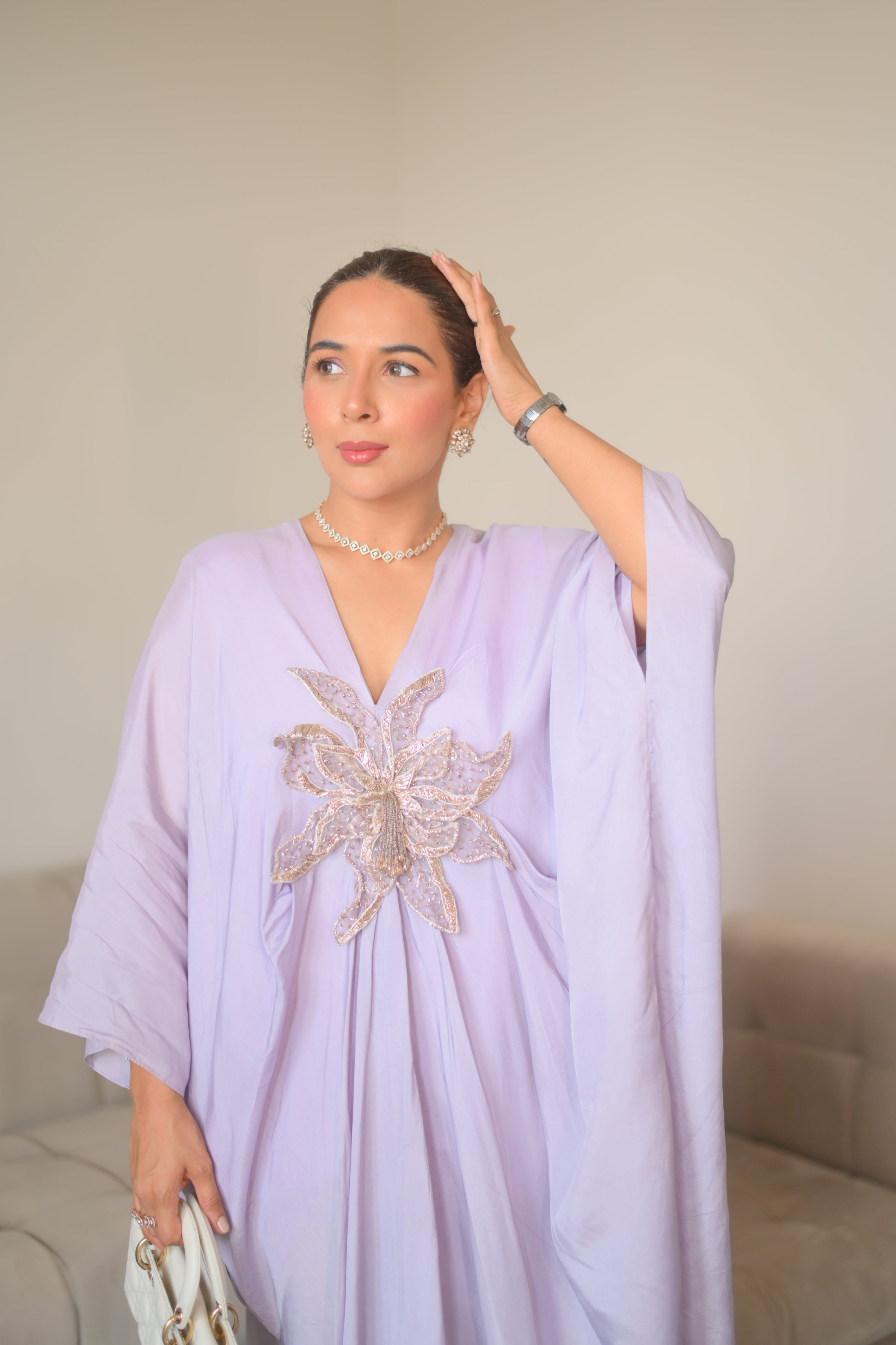 3D ivory floral kaftaan
