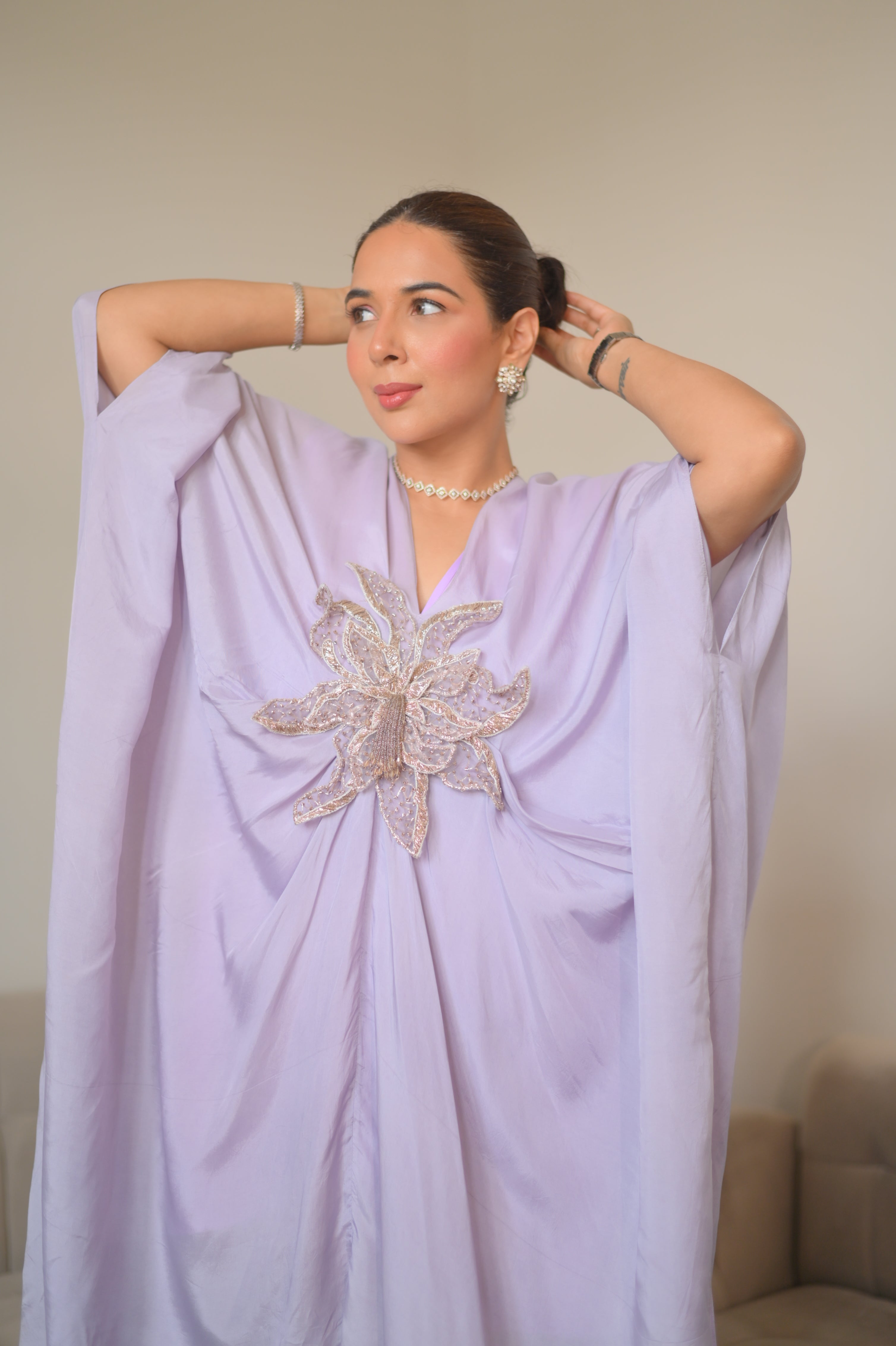 3D ivory floral kaftaan