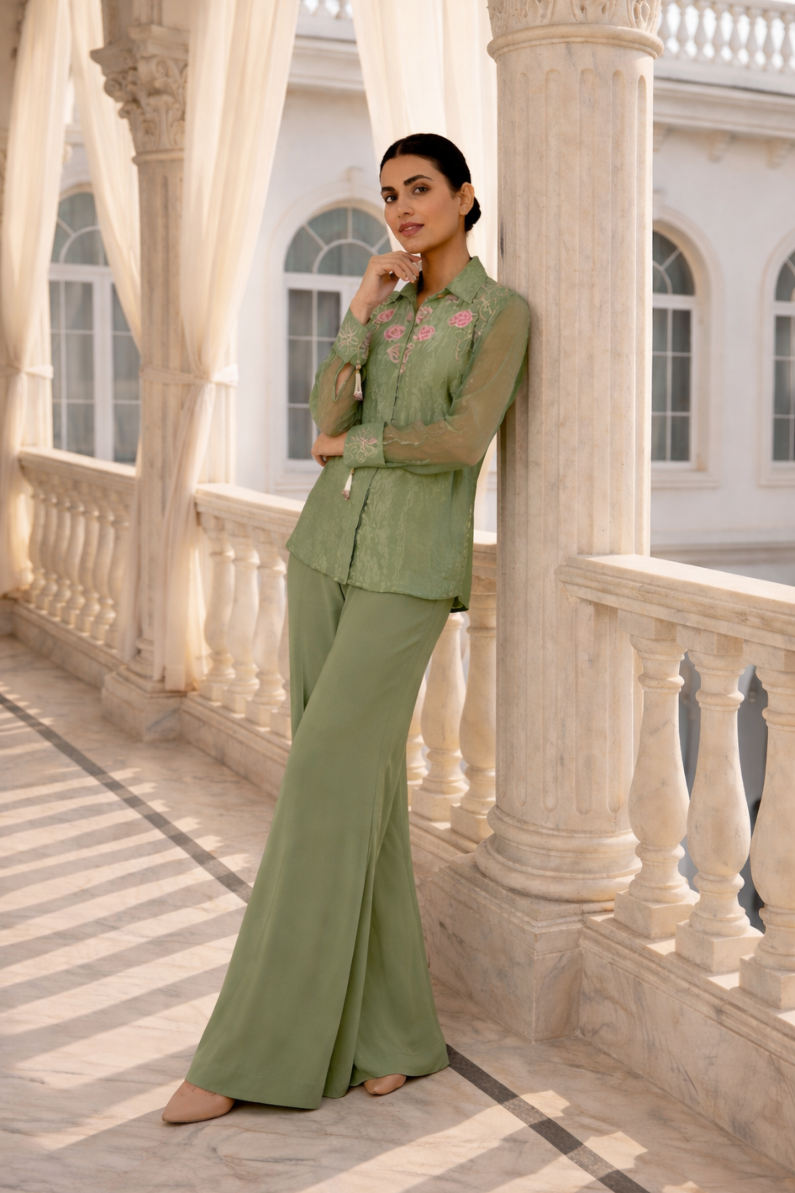 MINT GREEN TISSUE EMBROIDRED SHIRT