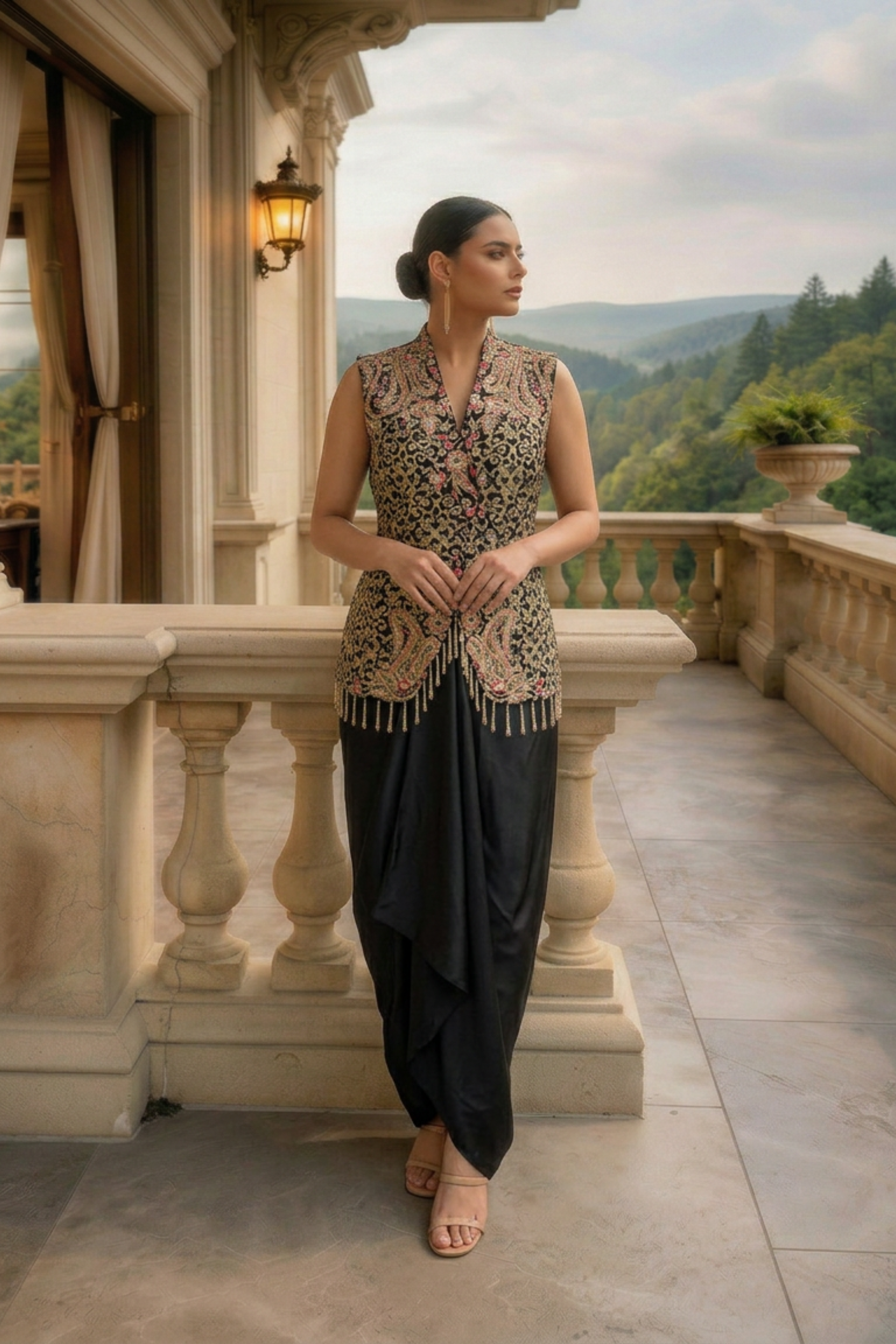 BLACK SLEEVELESS EMBROIDERED JACKET SET