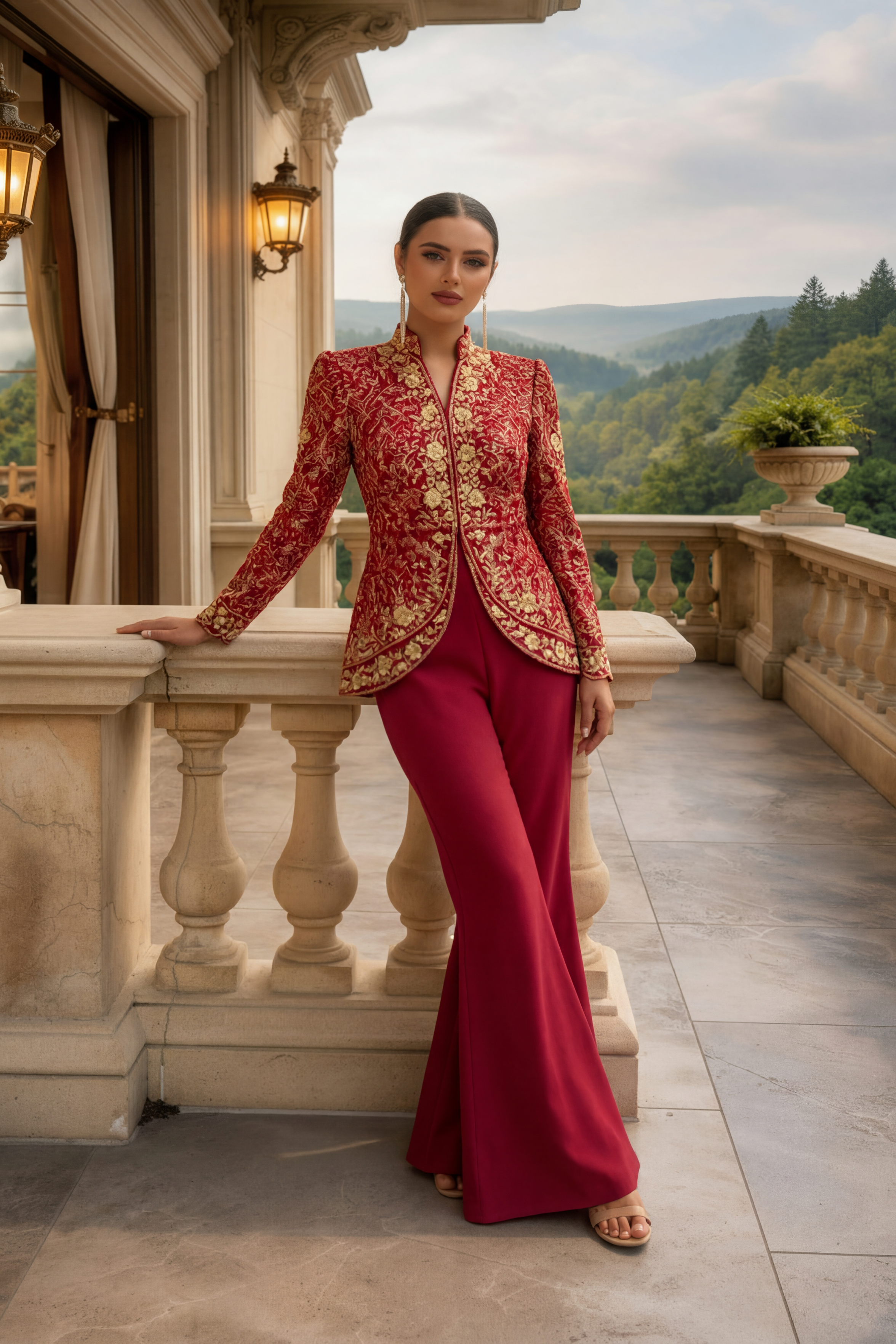 DEEP RED VELVET PATCH JACKET SET