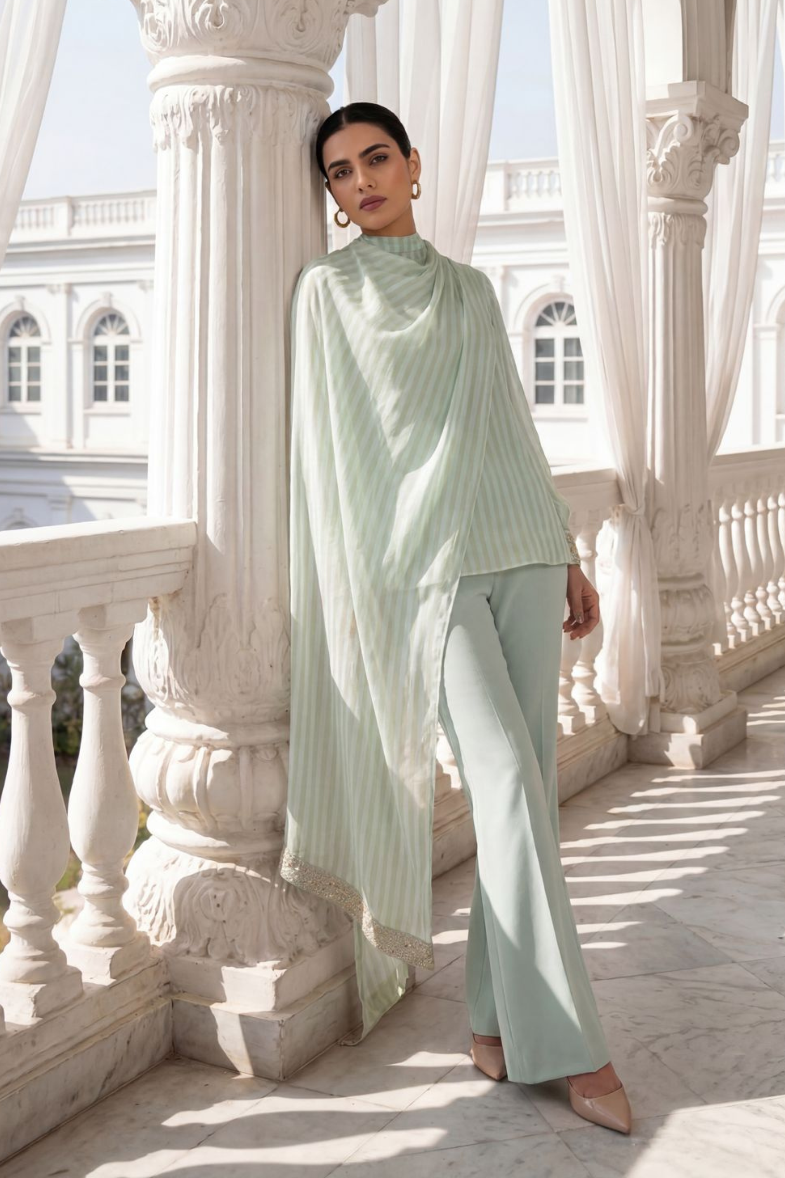 MINT GREEN STRIPES SCARF SHIRT