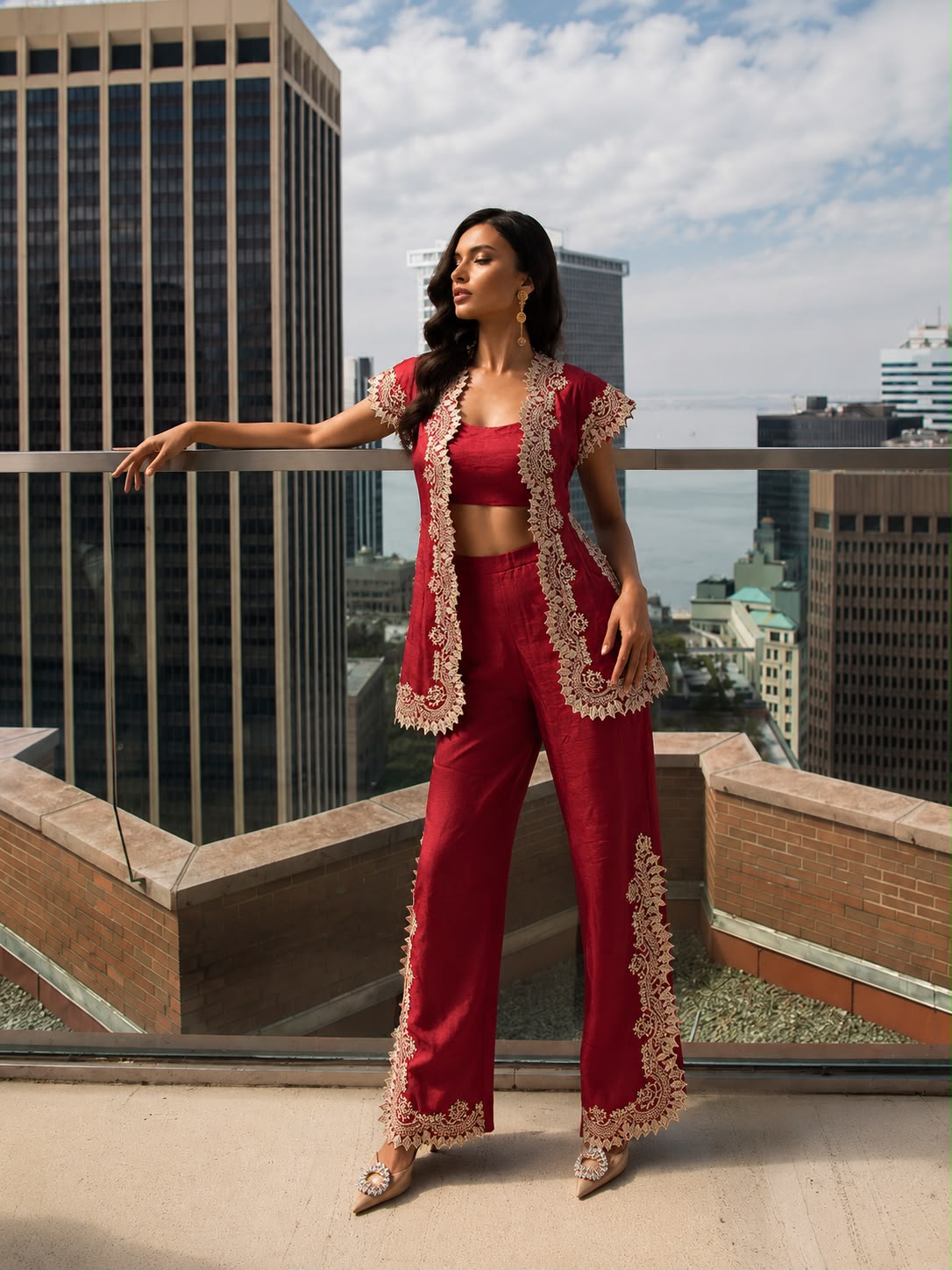 Deep red silk embroidered jacket set
