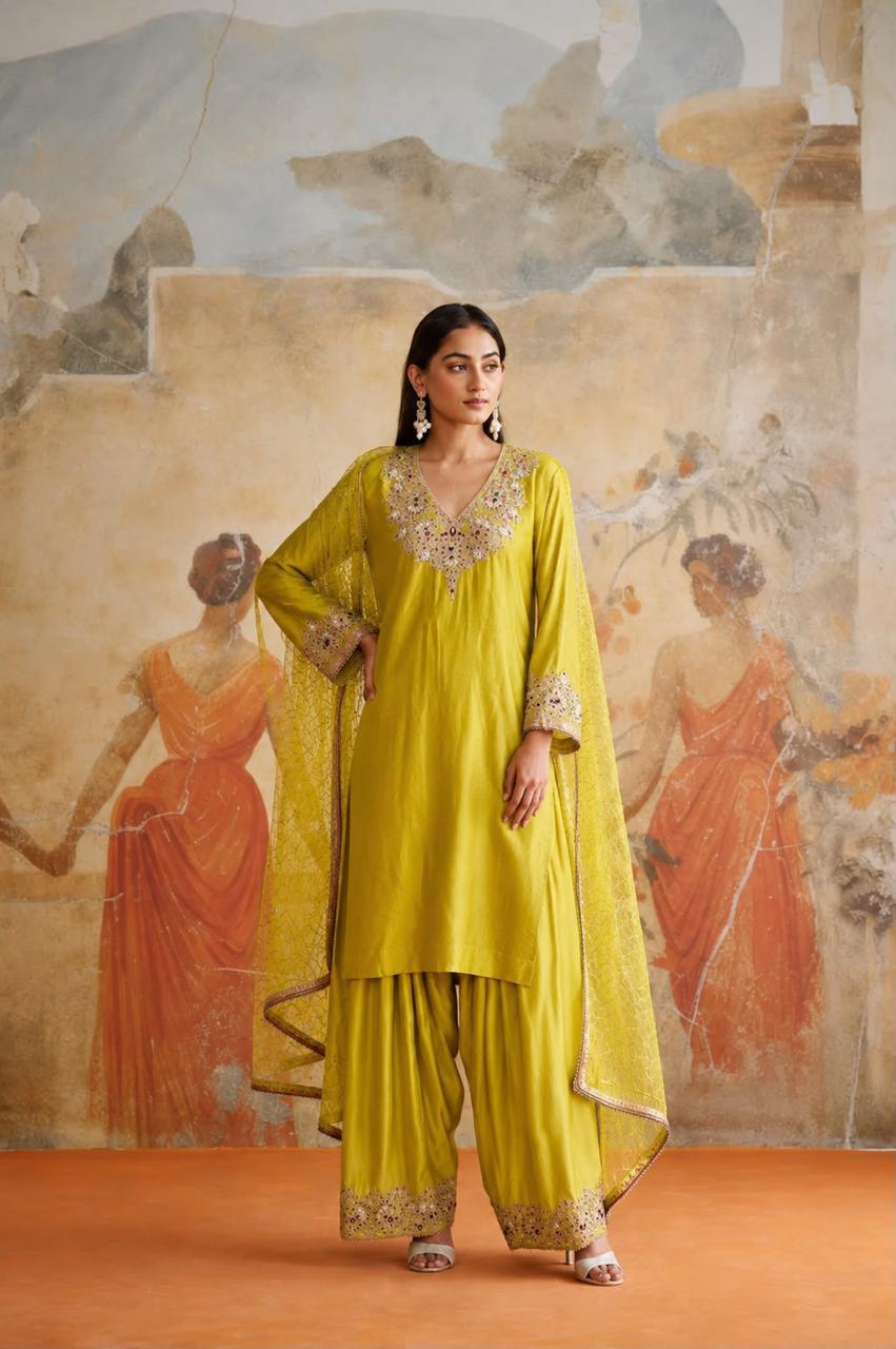 Lime green embroidered kurta salwar