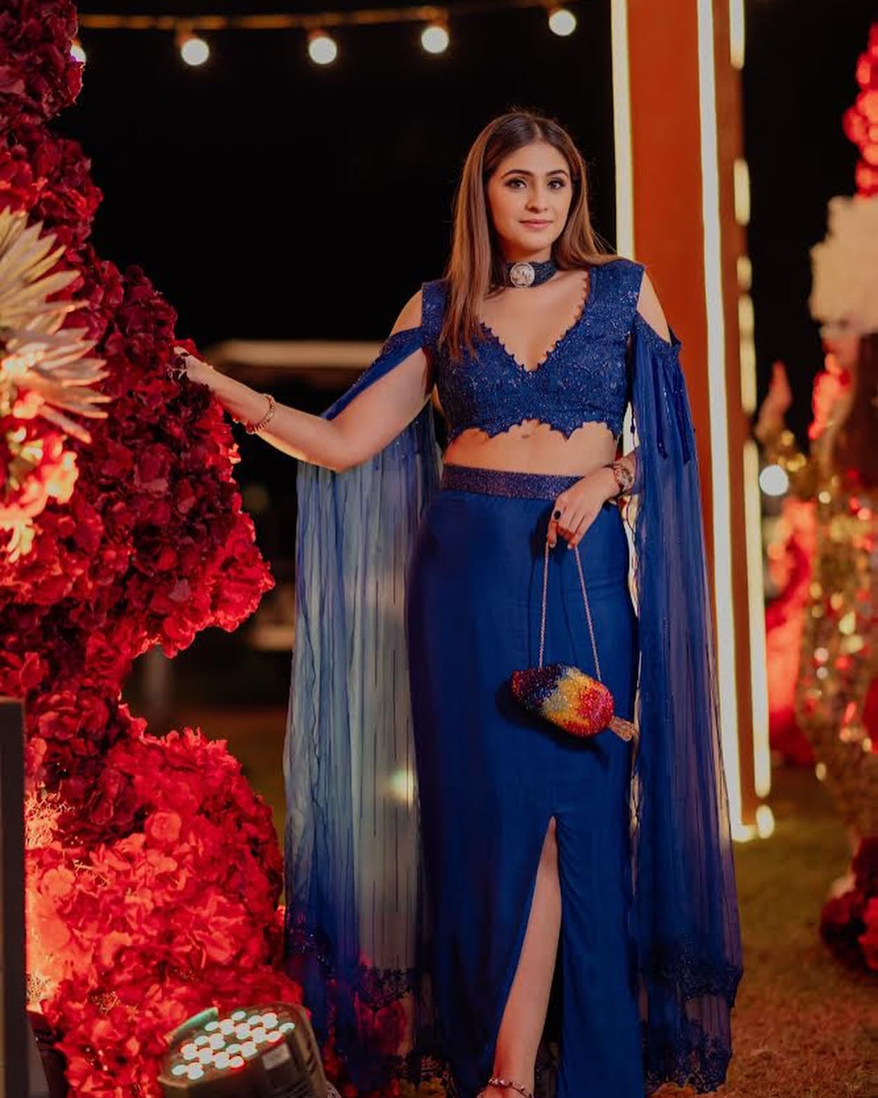 Heena Malhotra in Our Electric blue beaded blouse with slit skirt & ruffle stole