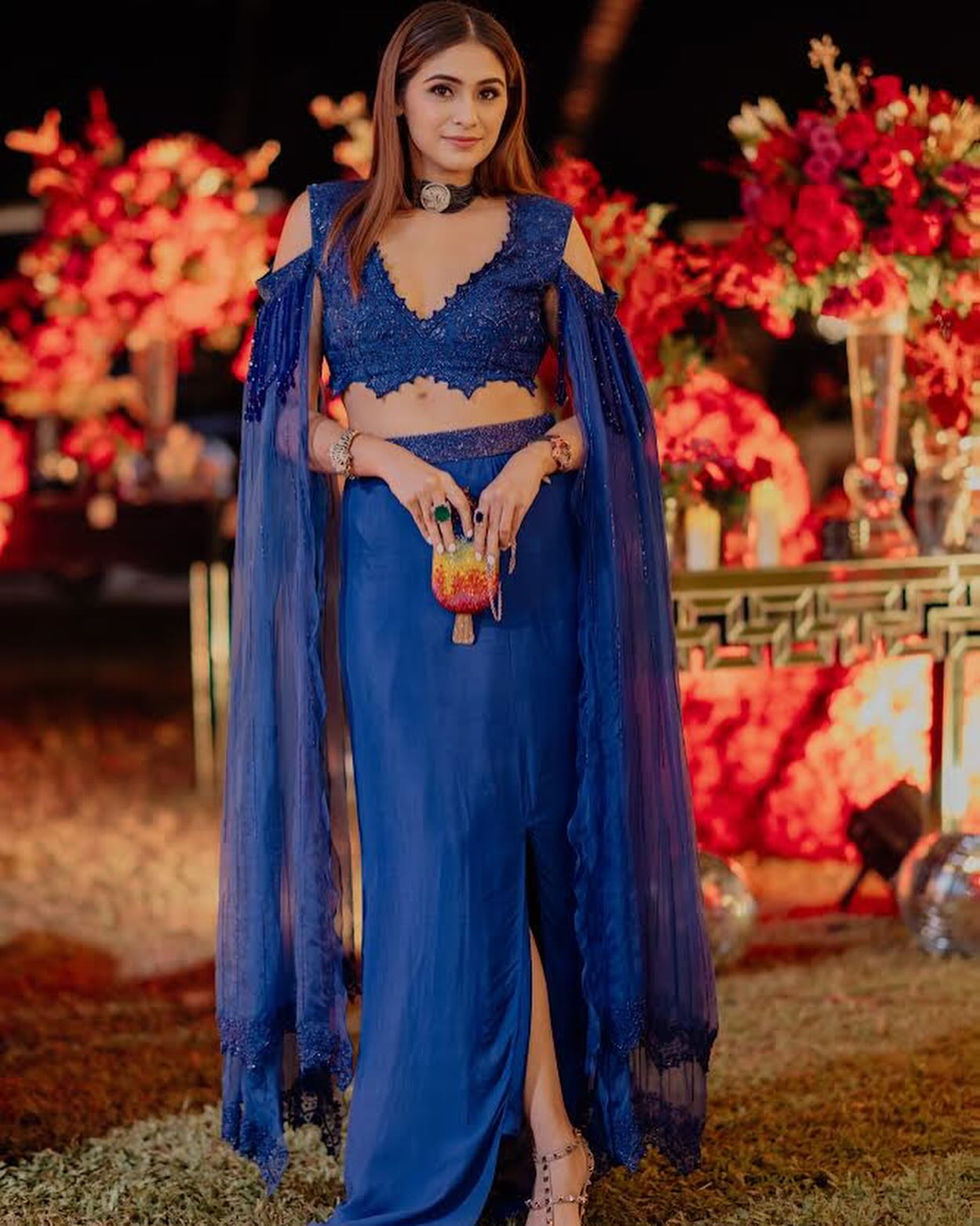 Heena Malhotra in Our Electric blue beaded blouse with slit skirt & ruffle stole