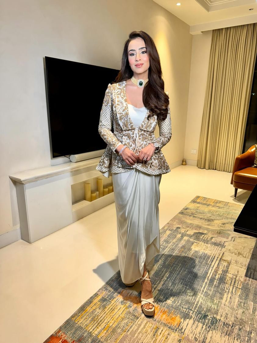 Muskan Sethi in Ivory zoe peplum jacket set