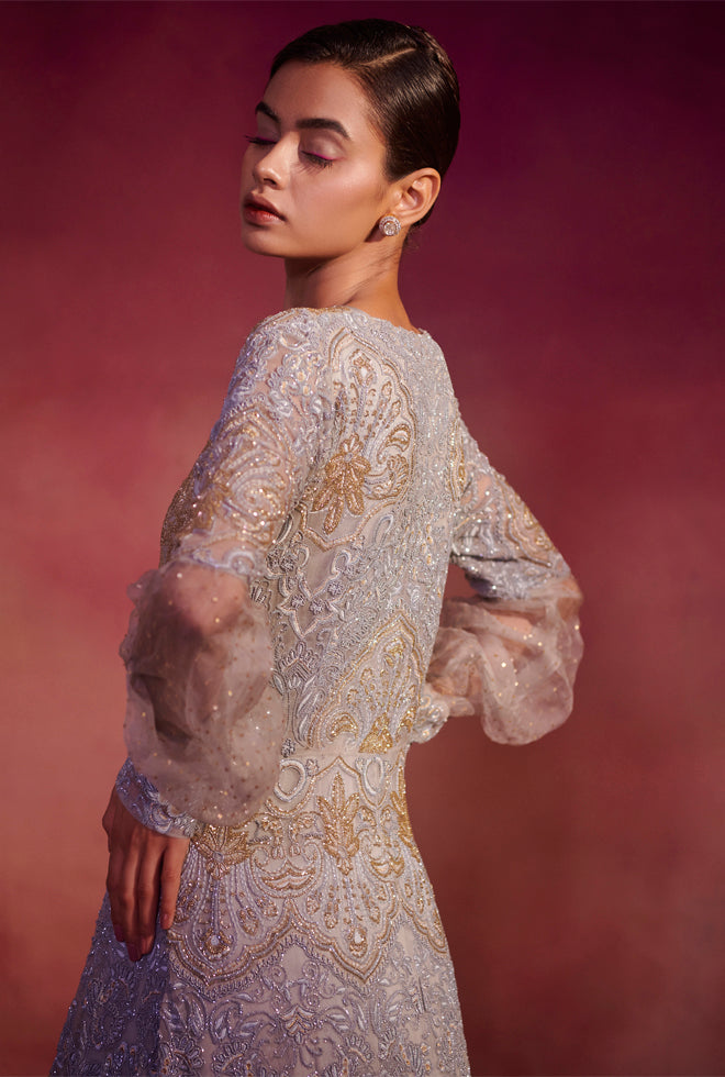 Rémy || Ash grey ornamented floor length gown