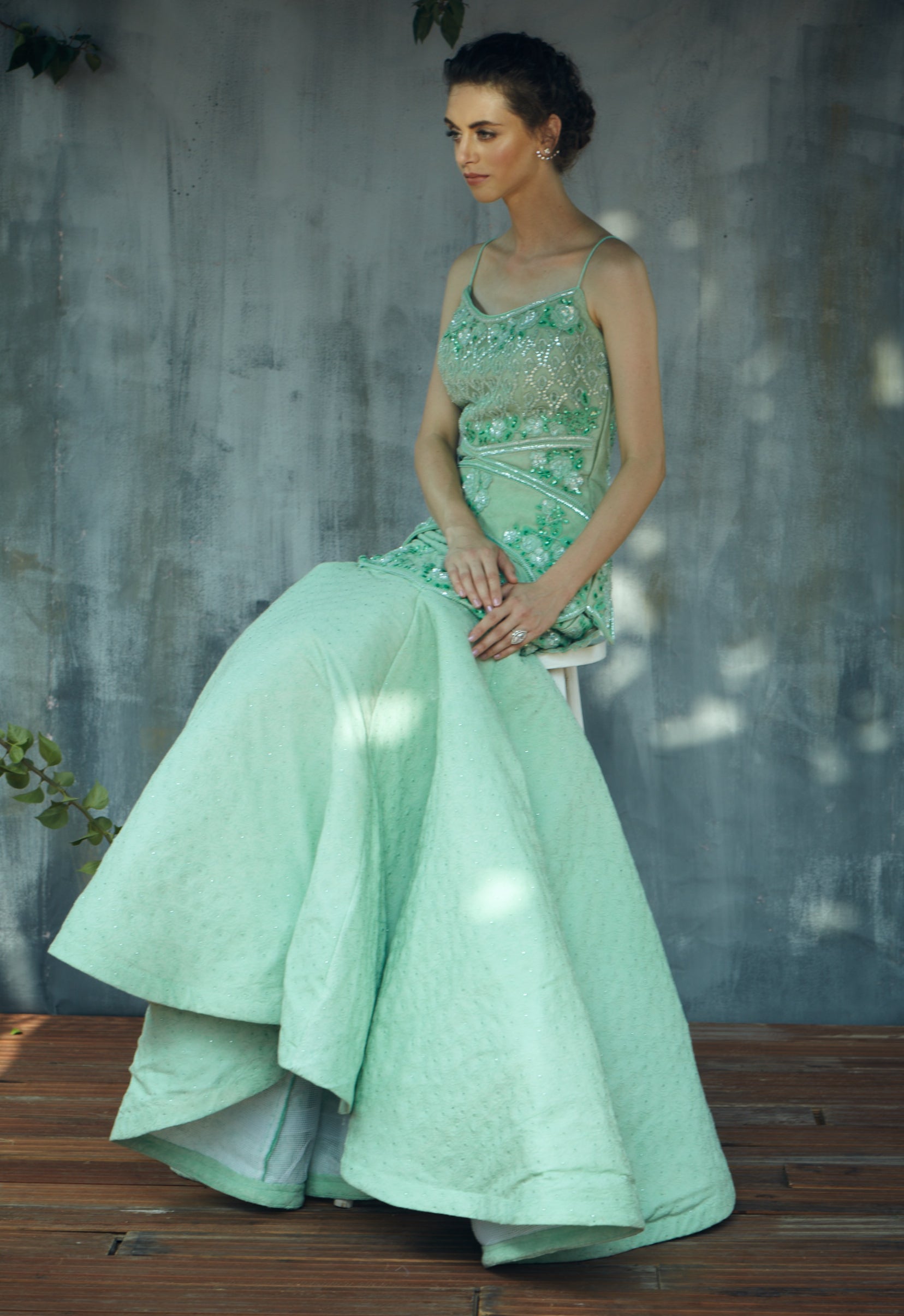 Mint green heavy embroidery cocktail gown