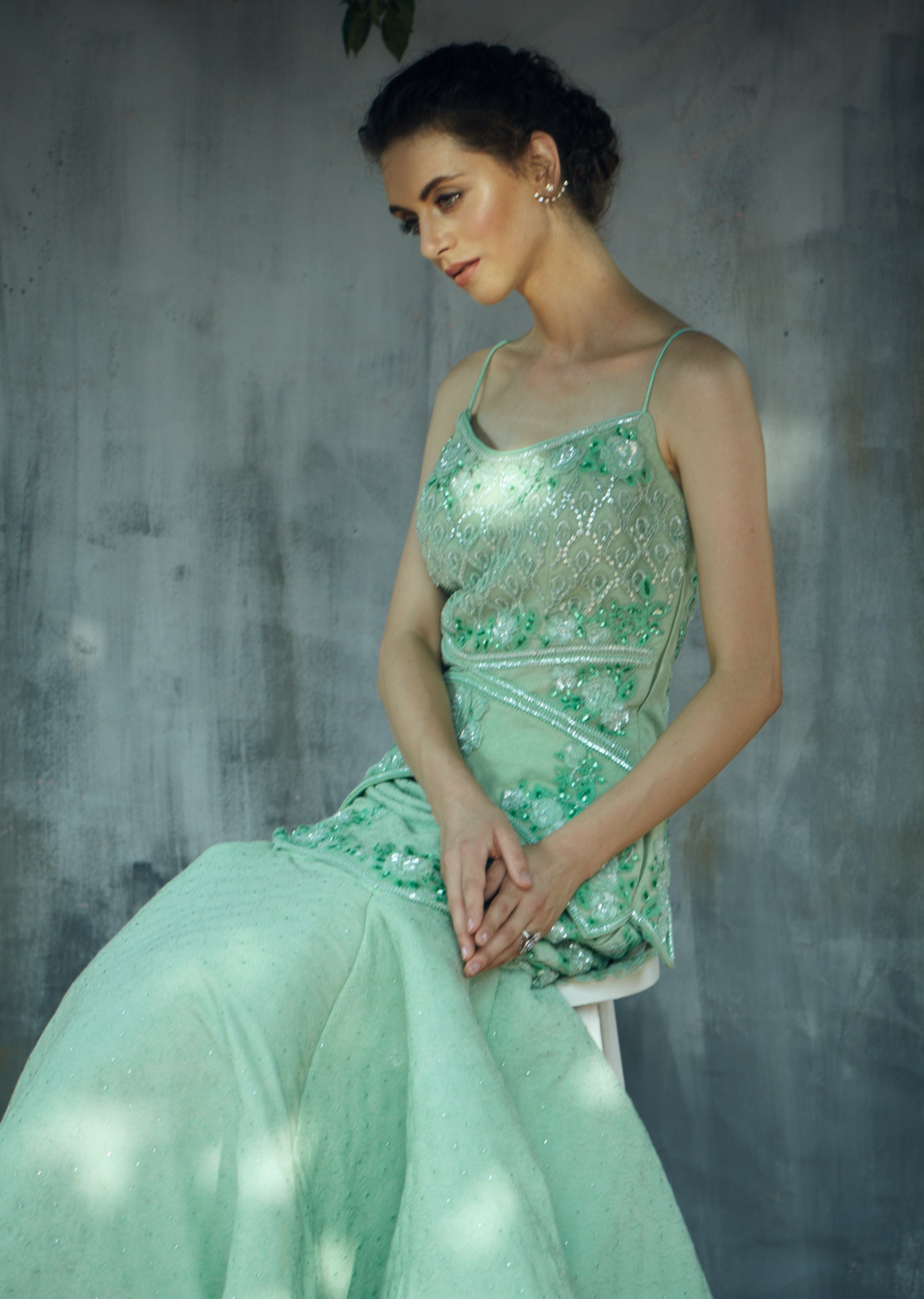 Mint green heavy embroidery cocktail gown