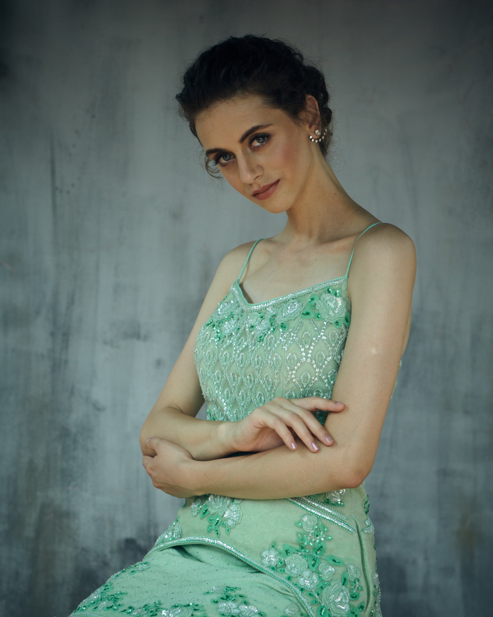 Mint green heavy embroidery cocktail gown