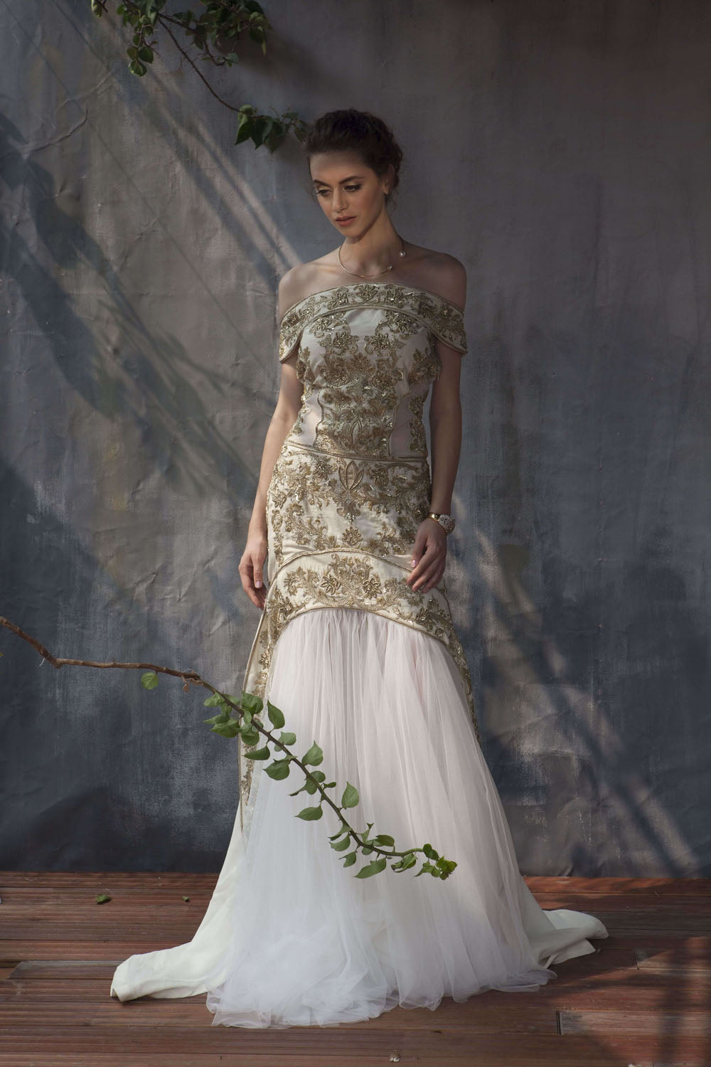 Ivory zardozi embroidery off shoulder gown