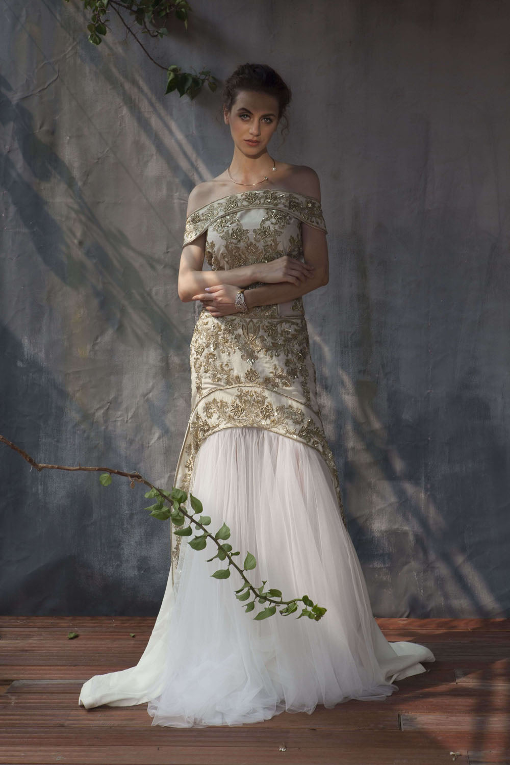 Ivory zardozi embroidery off shoulder gown