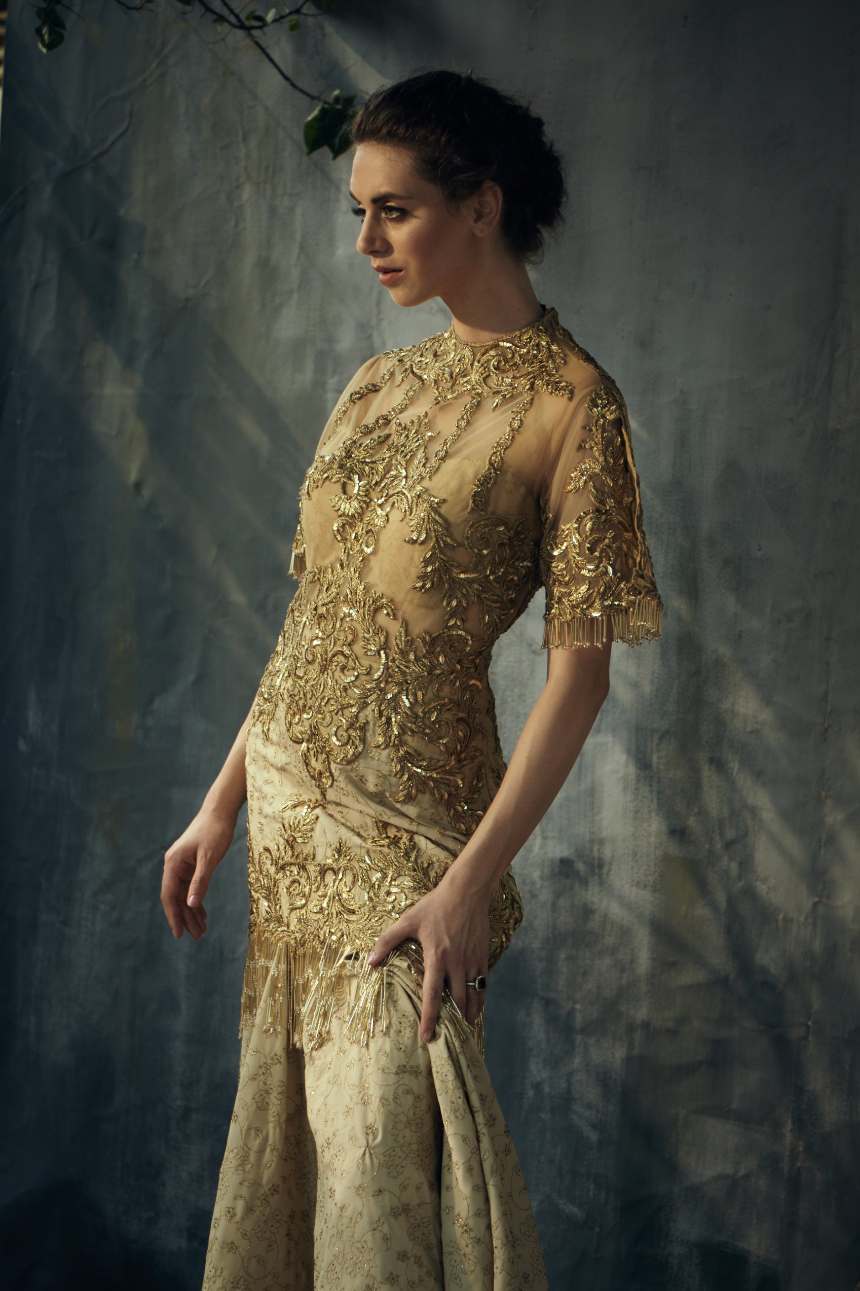 Gold heavy zari embroidery vintage gown
