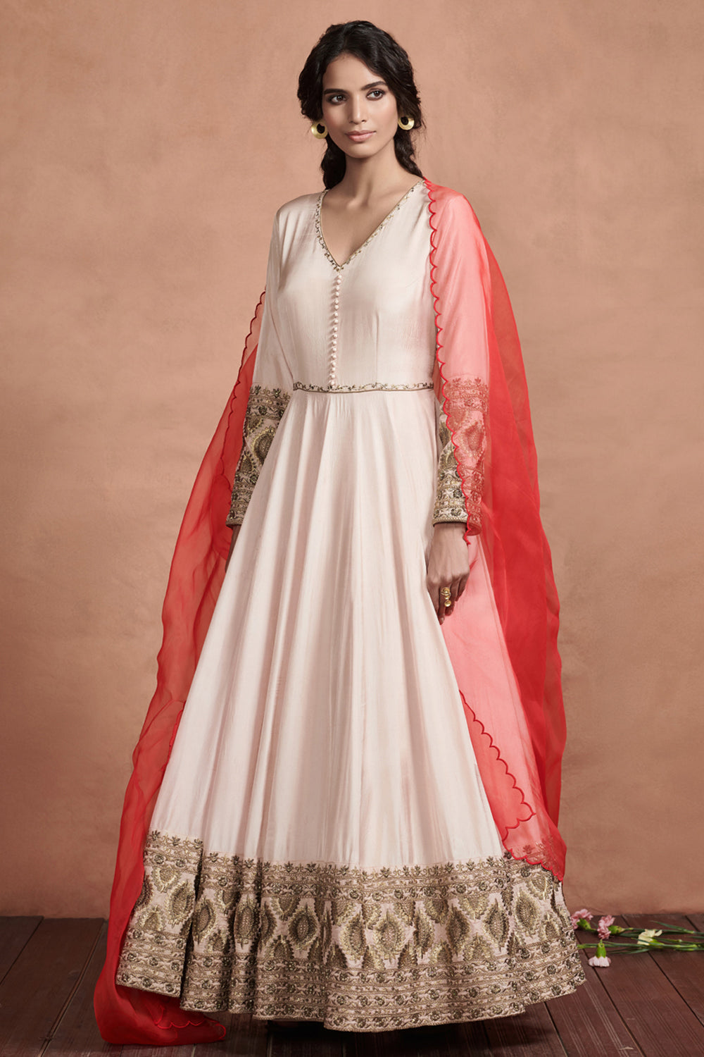 white and pink anarkali dress SAADGI PINK LEHERIYA WHITE ANARKALI SET