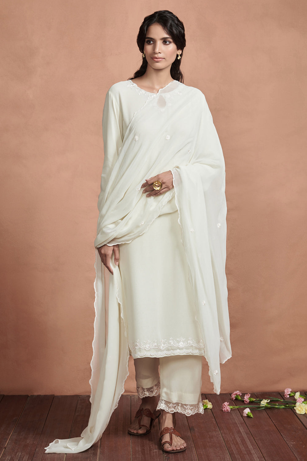 Pearl White Tone-on-tone Georgette Kurta Set
