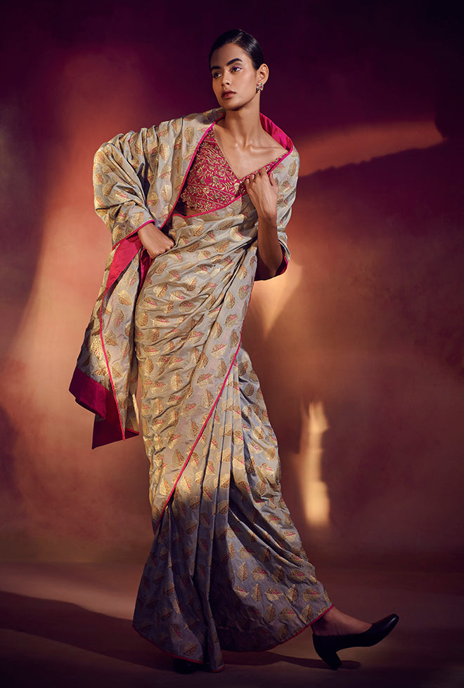Clara || Cloud grey banarasi saree with embellished fuschia blouse