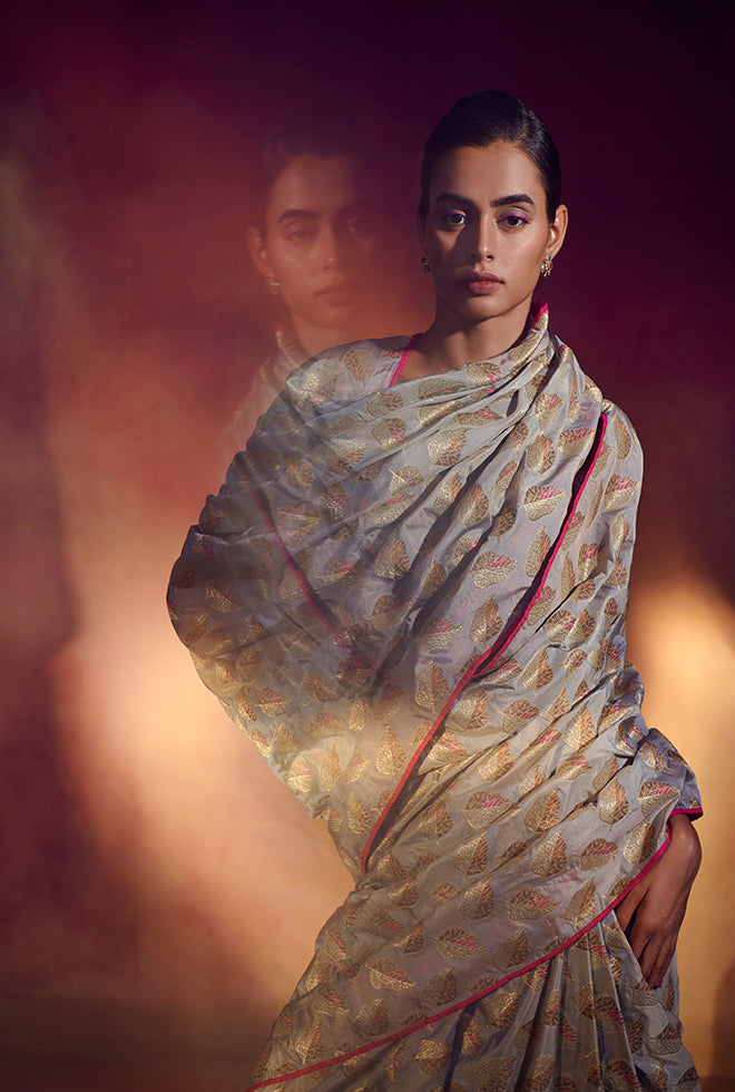 Clara || Cloud grey banarasi saree with embellished fuschia blouse