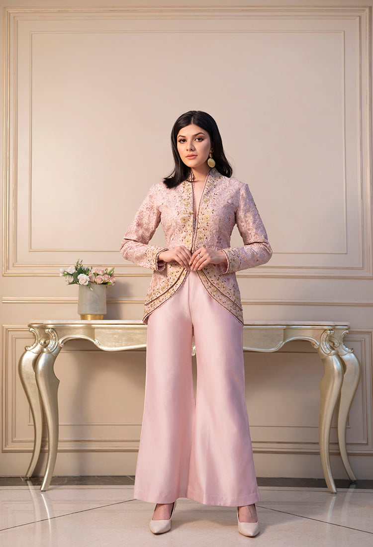 Pink embroidered short jacket and pant set Aashima Behl