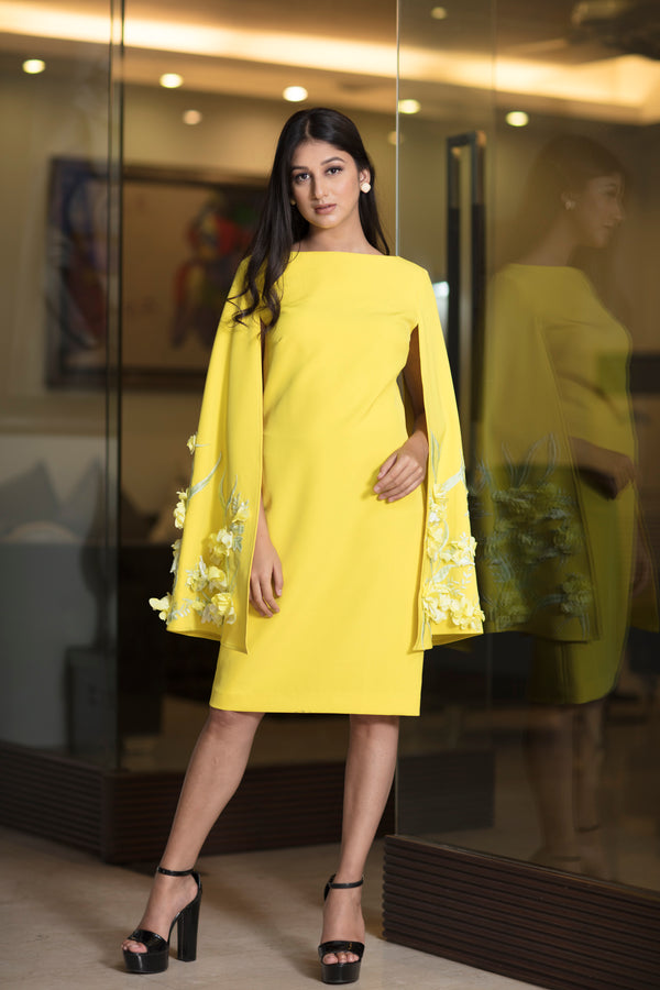 Lemon yellow cape sleeve long dress