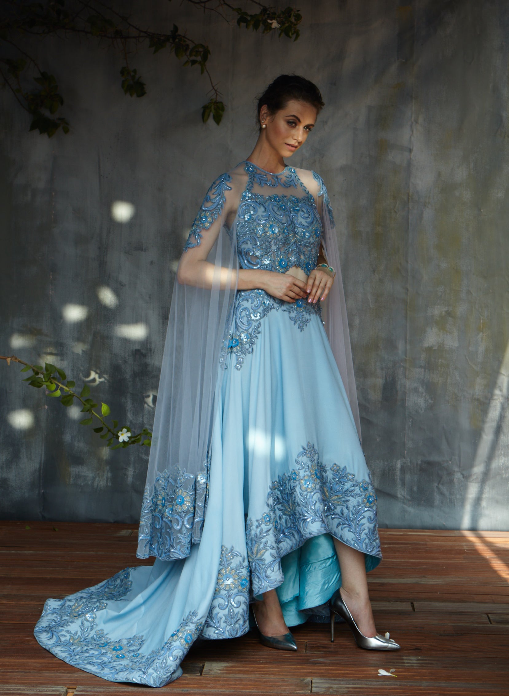 Powder Blue heavy embroidery cocktail gown with trail