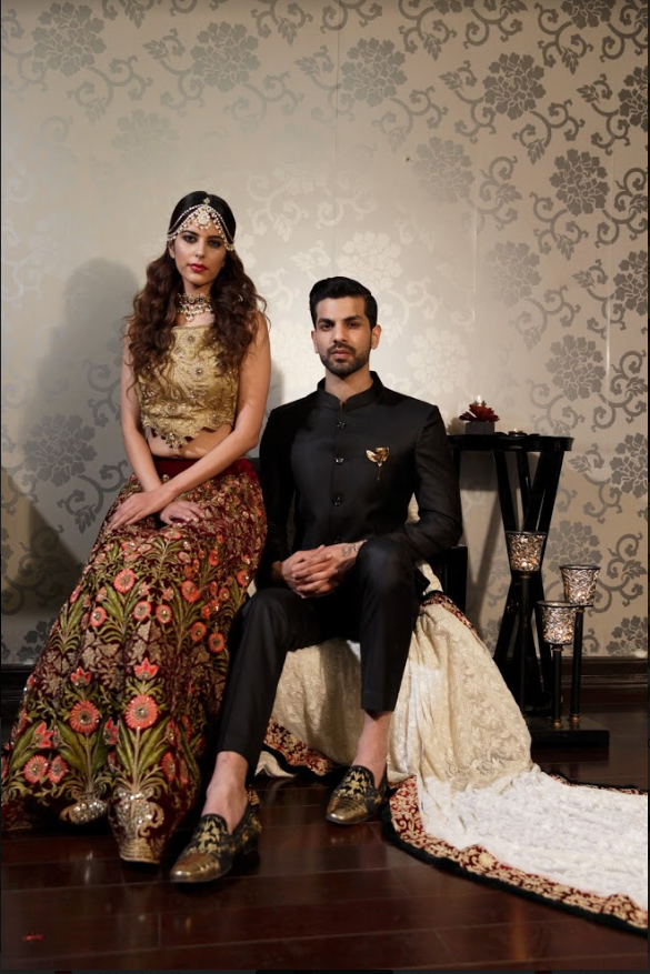 Heavy Embroidered velvet lehenga with a gold blouse