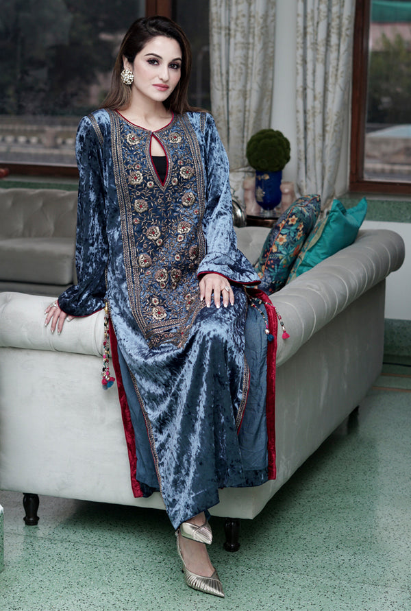 Persian blue embroidered velvet kurta set