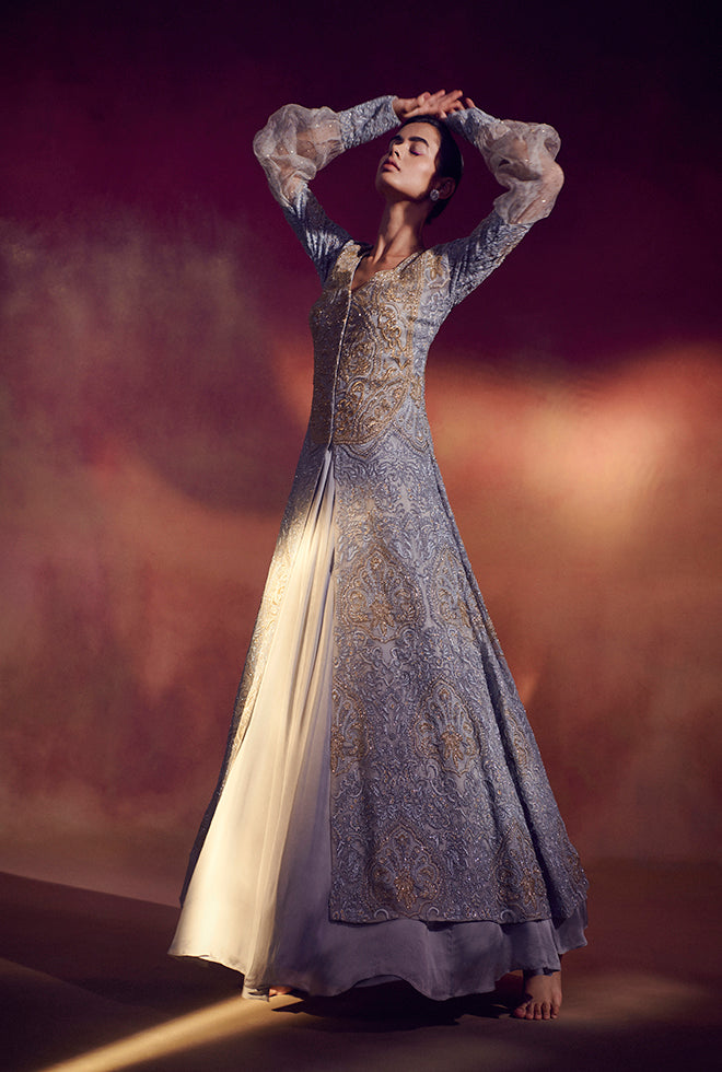 Rémy || Ash grey ornamented floor length gown