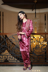 Rouge pink embroidered velvet kurta and jacket set